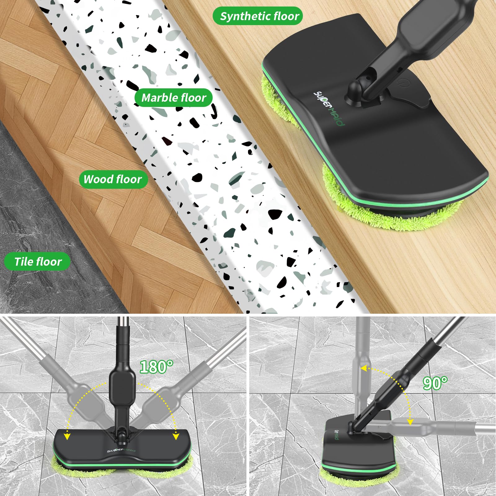 Mocio elettrico senza cordone di rotazione della batteria per pulizia del pavimento, cuscinetto di pulizia a 13 pollici | Design leggero per pavimenti in legno, piastrelle, vinile e laminato; nessun serbatoio dell'acqua integrato