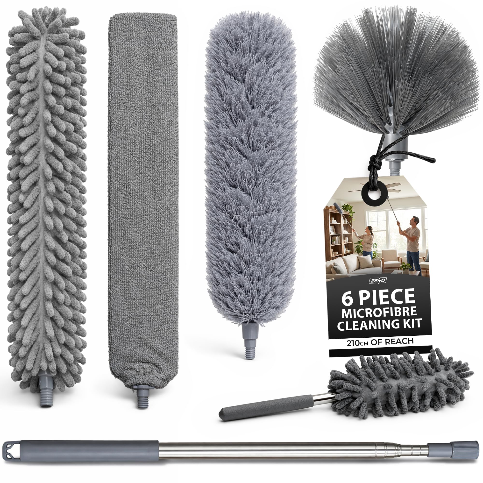 Zeno Grey Feather Duster 6 Pack | Extendable Feather Duster For Cleaning | Telescopic Duster On A Stick With Long Handle For High Ceilings Fans Cobwebs Blinds | Microfibre Dusters With Adjustable Reach