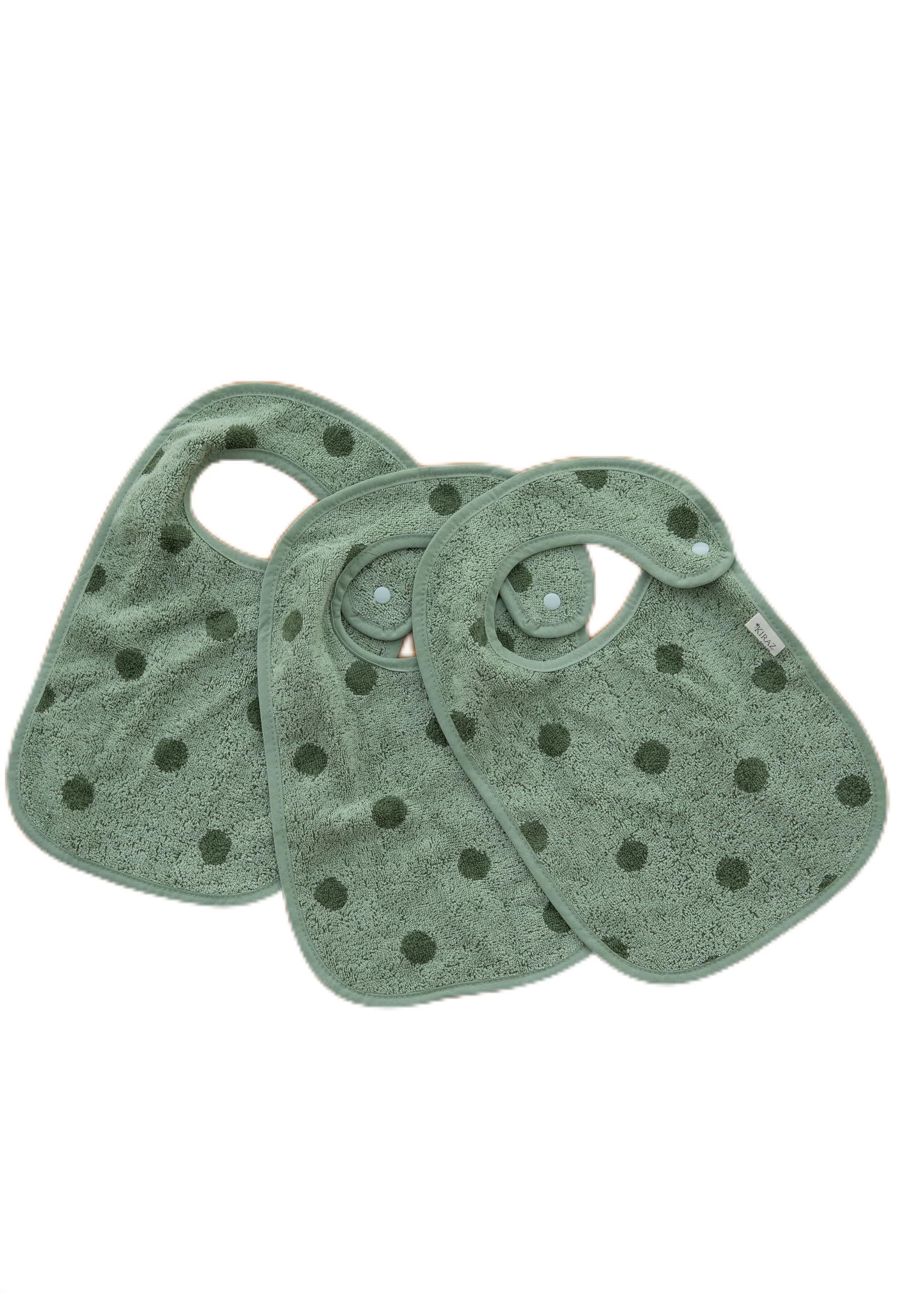 Kiraz Kids 3 Pack Baby Bib Set | OEKO-TEX® Certified Turkish Cotton | Soft Jacquard Bibs with Snap | Baby Bib Set | Large Nursery Bibs (green polka dot)