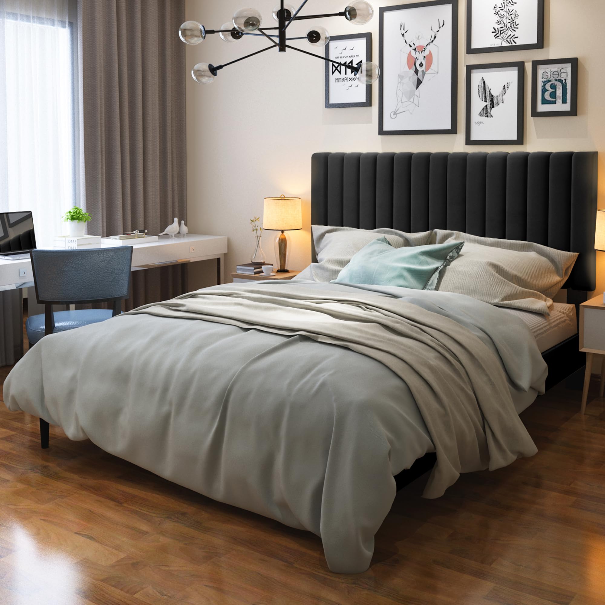 Queen Size Bed Frame with Velvet Upholstered Headboard, Sturdy Platform Bed Frame Queen Size, No Box Spring Needed, Easy Assembly (Black, Queen)