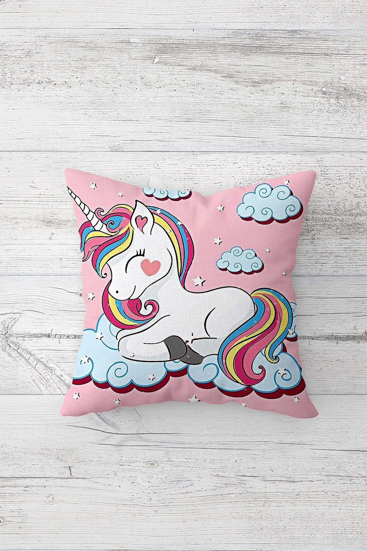 Pelangi Sevimli Unicorn Desenler Gizli Fermuarlı Kırlent Kılıfı Koltuk Yastık Kılıfı Takım(4ADET), Pembe-Siyah 45 x 45
