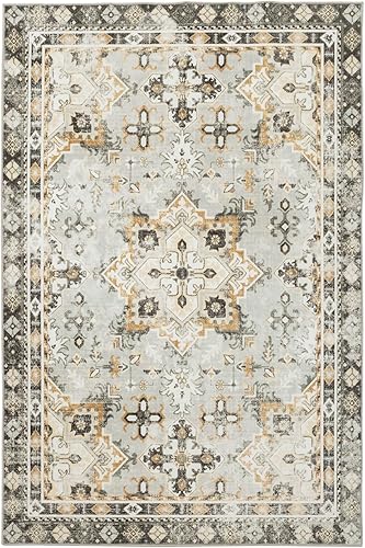 Miniatura 3 de Alfombra lavable vintage, suave, sedosa, con flores, envejecida, bohemio, antideslizante, de pelo bajo, resistente a las manchas, alfombra de