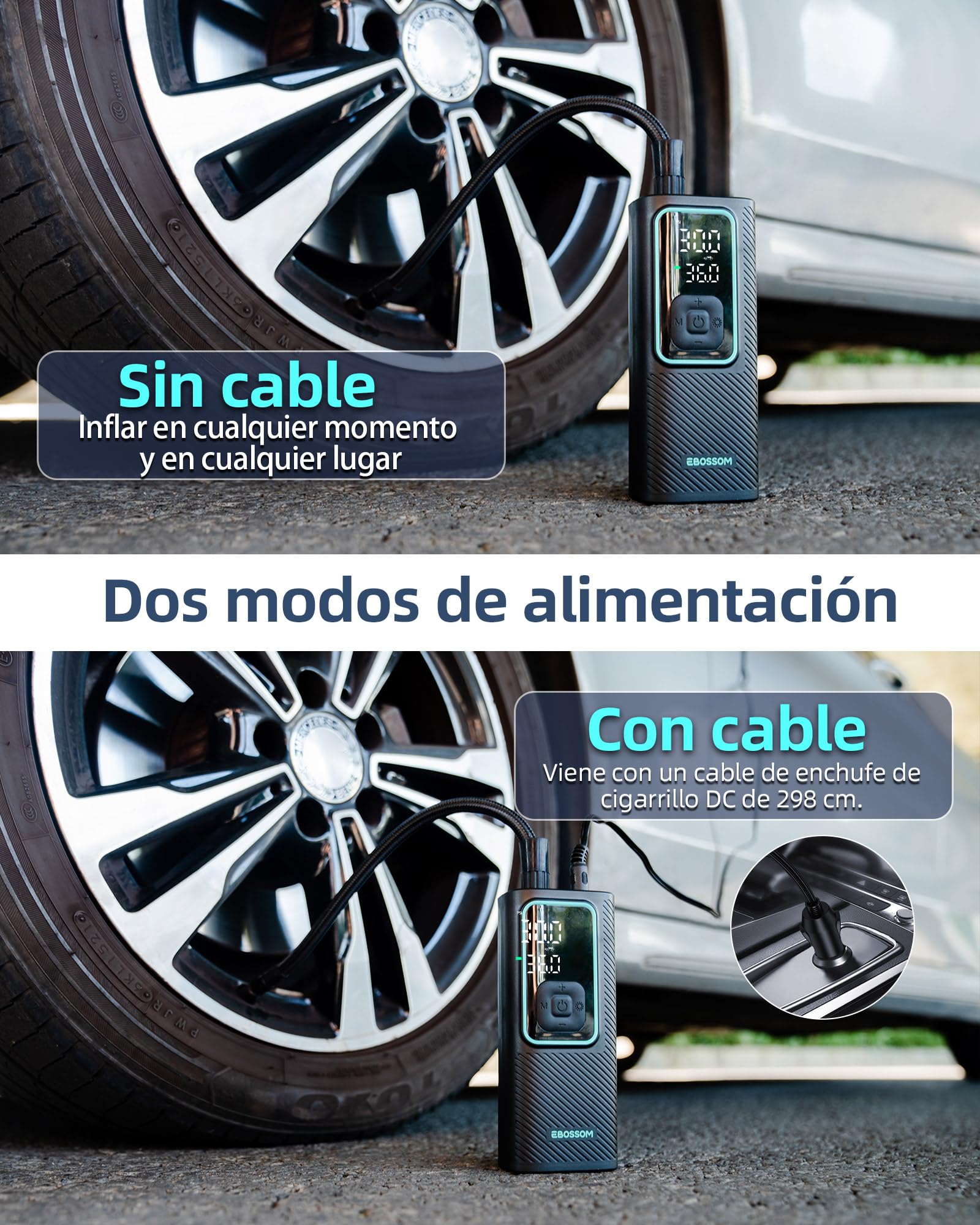 Compresor Aire Portátil de 10,3Bar, Inflador Ruedas Coche a Batería 6000 mAh y 12V DC, Mini Inflador Electrico para Auto, Moto, Bicicleta y Pelota, Bomba de Aire con Función de Luz LED, Carga USB-C