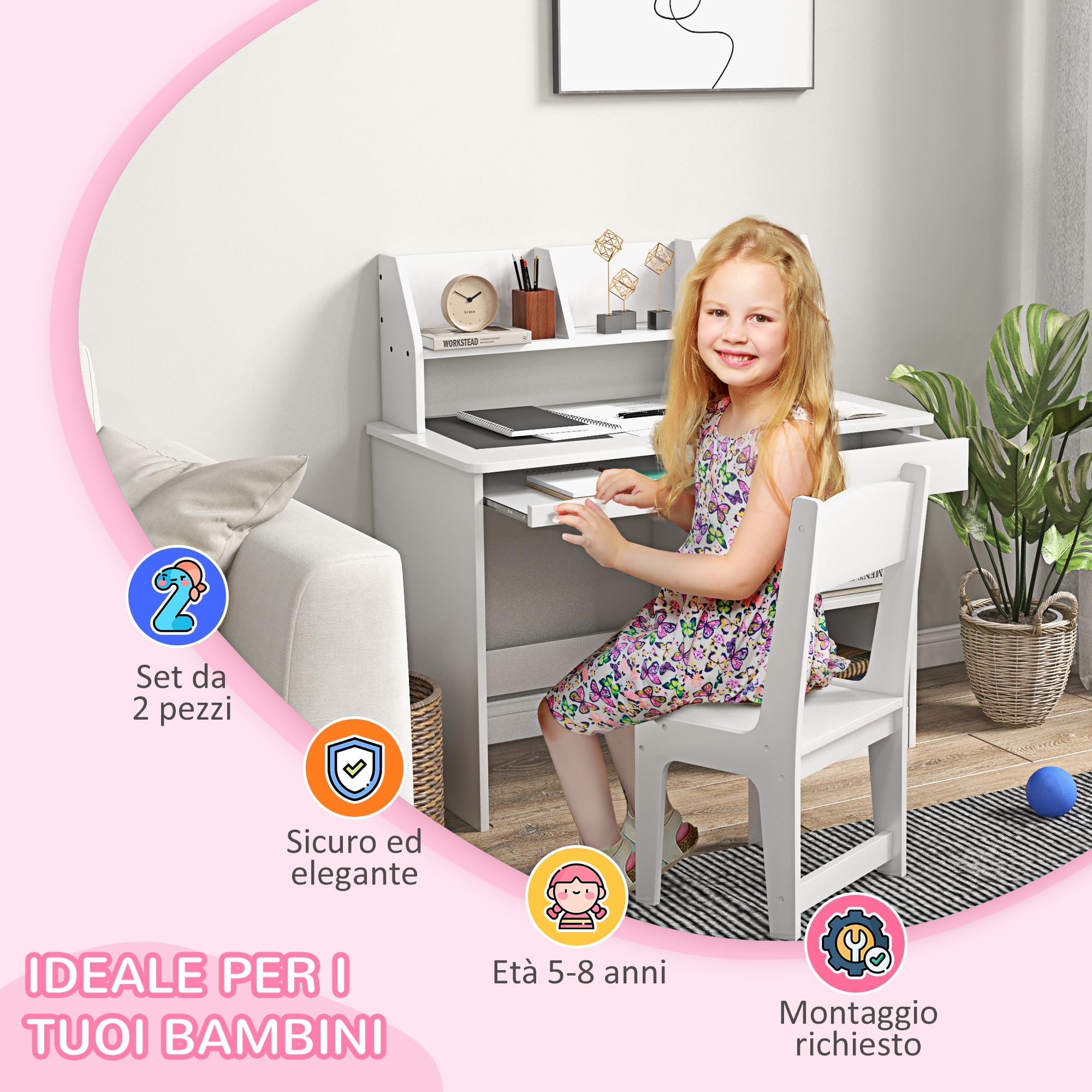 ZONEKIZ Tavolo Scrivania per Bambini con Sedia, Banco Scuola per Bambini da 5 a 8 Anni in Legno con Scaffale e Seggiola, Bianco