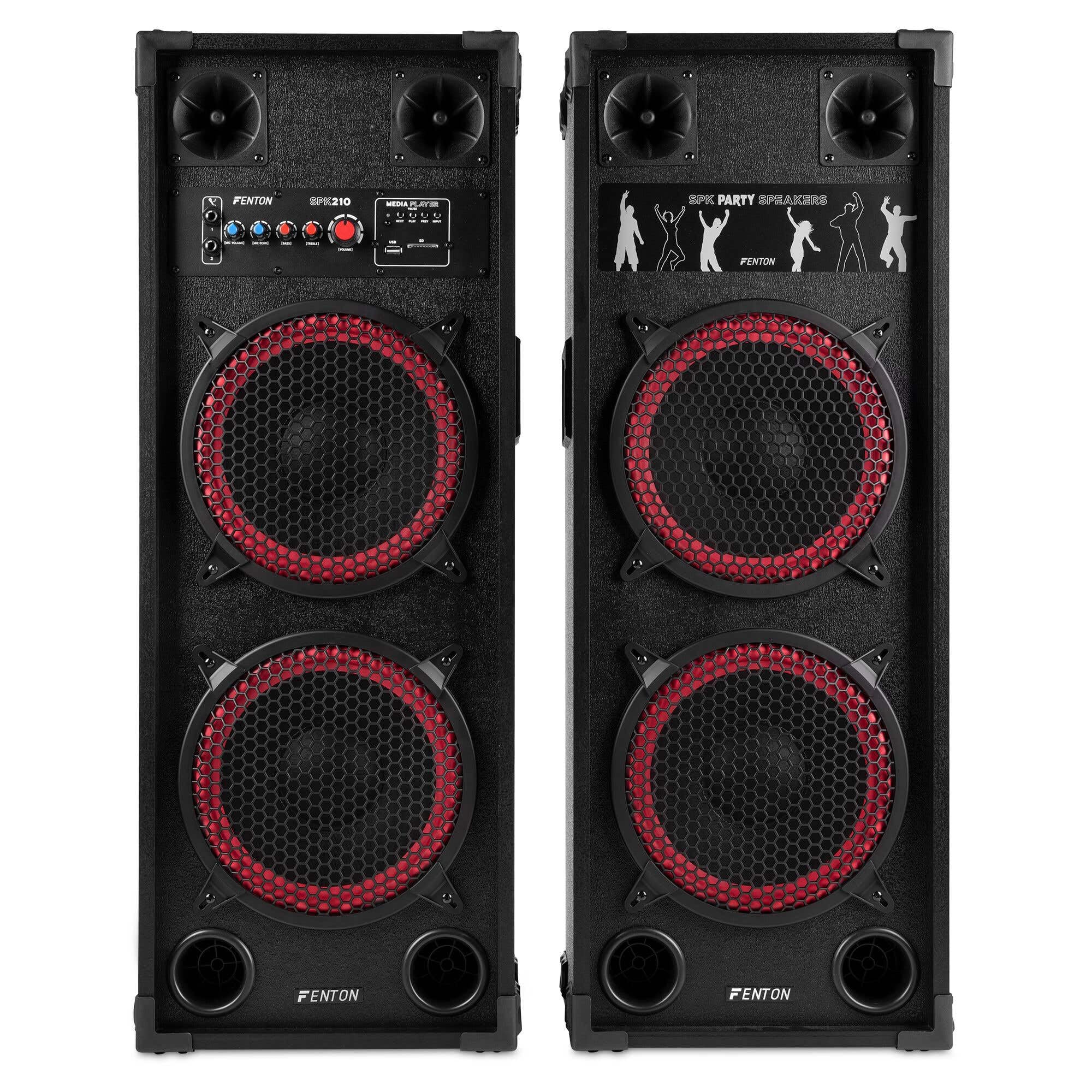 Fenton SPK210 – Altoparlanti attivi PA doppio woofer da 10 pollici Bluetooth MP3 USB SD due ingressi micro eco regolabile suono potente per feste karaoke altoparlanti portatili con amplificatore