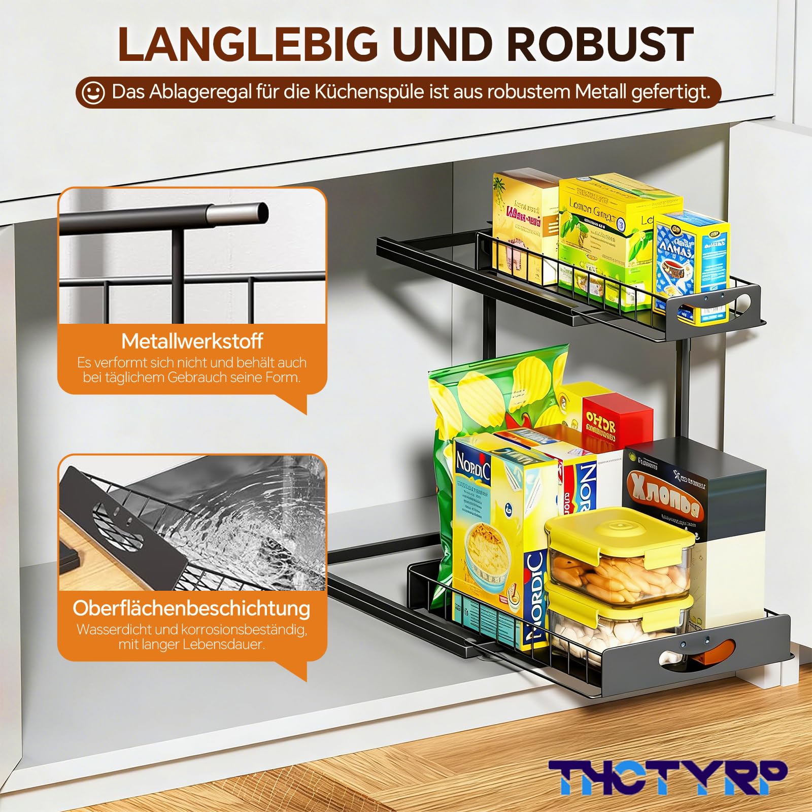 Ausziehbares Metall-Regal, 2 Ebenen, Unter Waschbecken & Spüle, Organizer für Küchen- und Badezimmerschränke（Schwarz）