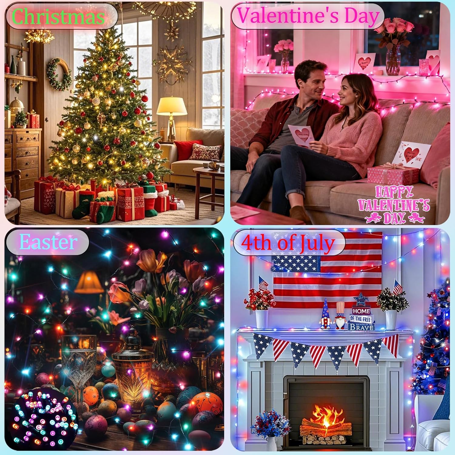 Color Changing Christmas String Lights with Remote, 4 Pack Total 66.6 FT 200 LED String Lights Indoor Outdoor Decoration, 35 Colors Twinkle Patriotic Lights for 4th of July Decorations
