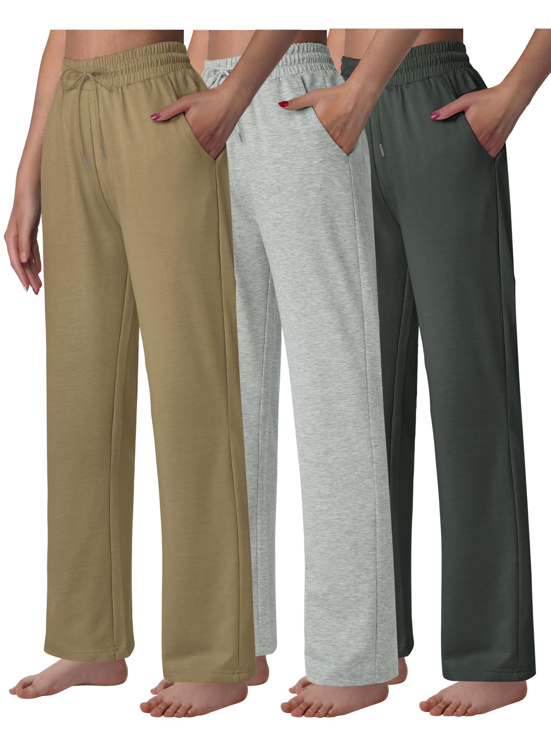 AlisOker Women's High Waist Lounge Pants Wide Leg Yoga Sweatpants Loose Casual Pockets Drawstring Workout Joggers Pants XXL Charcoal Grey, Light Grey, Khaki 3