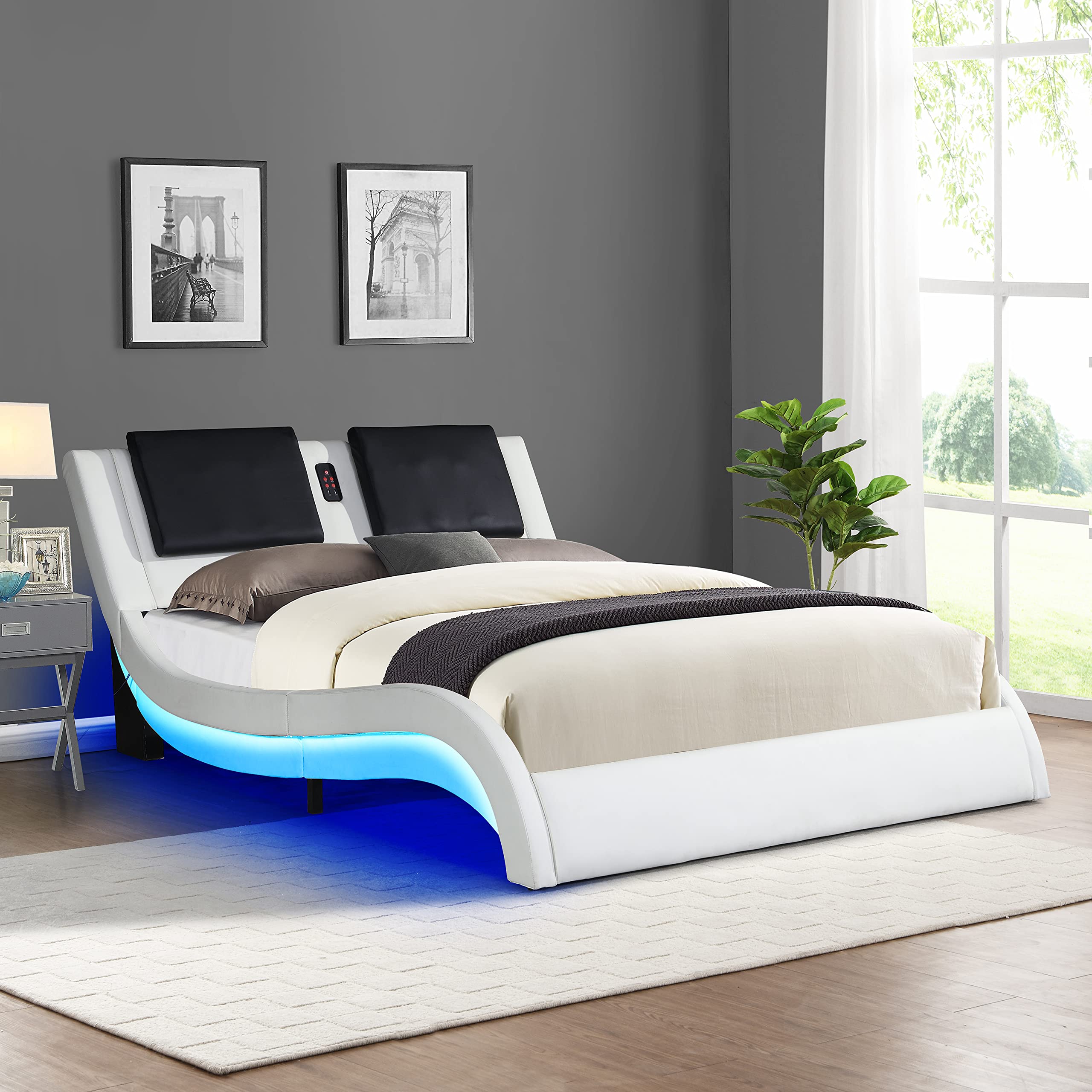 Buy King Size Bed Frame,Modern Faux Leather Platform Bed Frame with LED