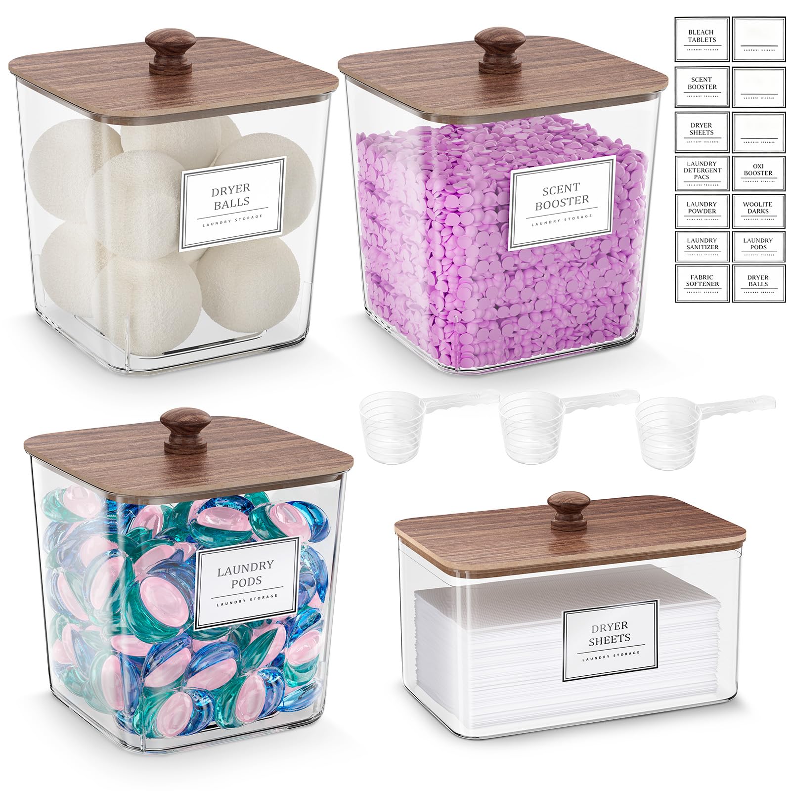 HomePekite Laundry Pods Storage Container, Clear Acrylic Laundry Room Organization and Storage ,Detergent Powder Container,with Wooden Lids &amp; Labels, 3+1 Pack（Dark Brown）