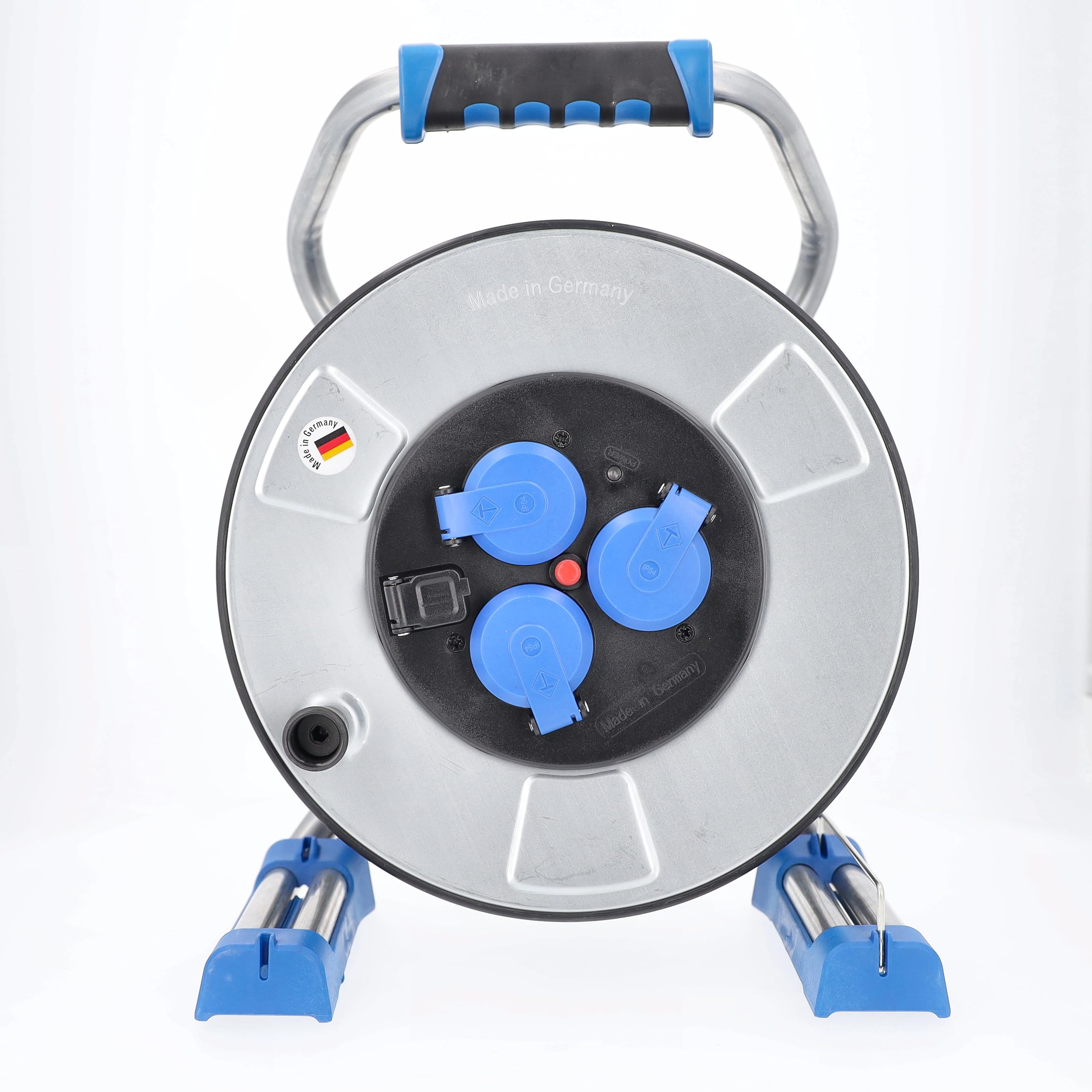 as ‑ Schwabe IronCoat Xperts carrete de cable vacío, para aprox. 50 m de cable, exterior IP44, 3 tomas de corriente con toma de tierra, USB, protección contra descargas eléctricas, Made in Germany