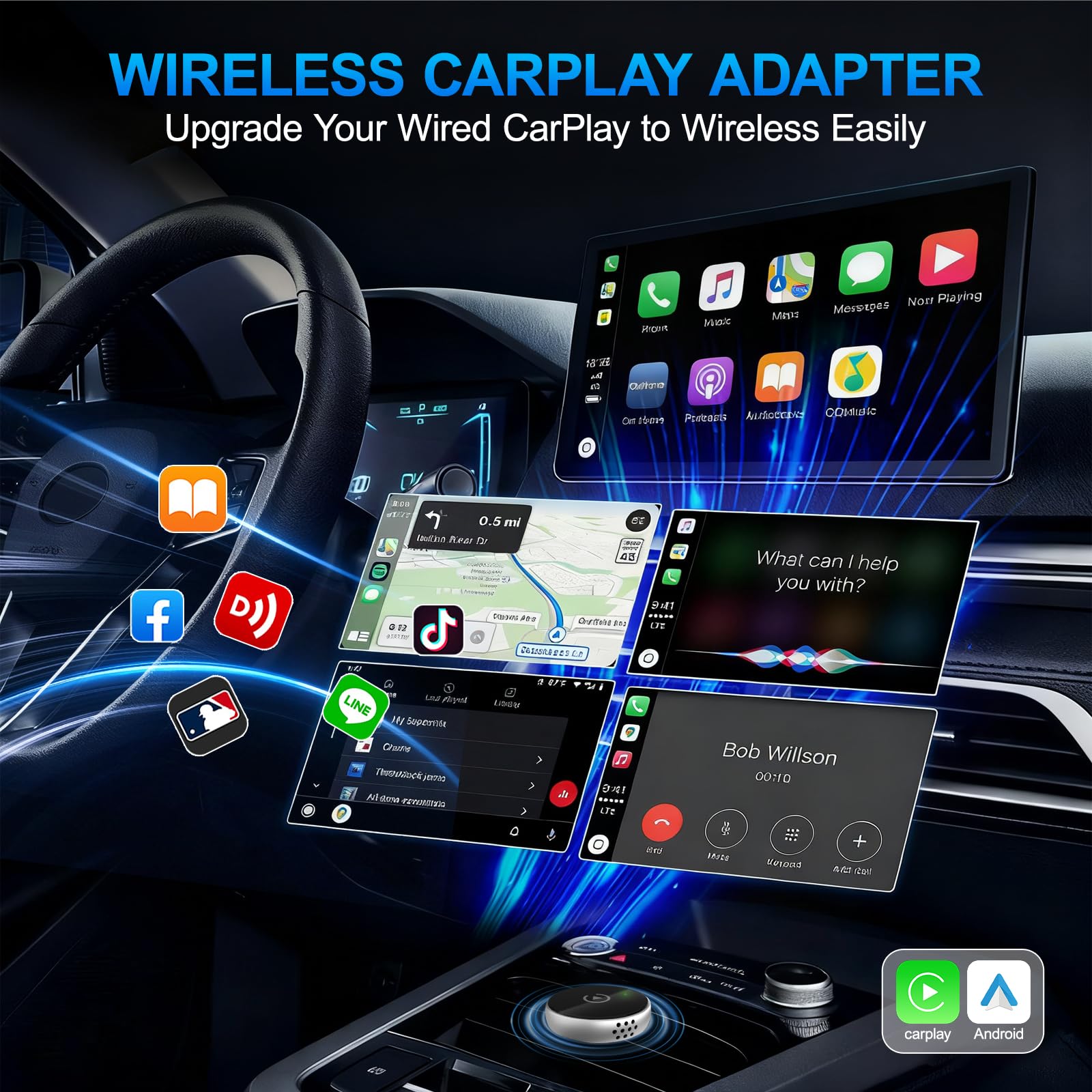 Adaptateur sans fil CarPlay 2 en 1 pour CarPlay & Android Auto, mis à niveau filaire vers Mini Car Play avec rallonge USB de type C, compatible avec Apple iPhone iOS 10+ et véhicules avec Wired