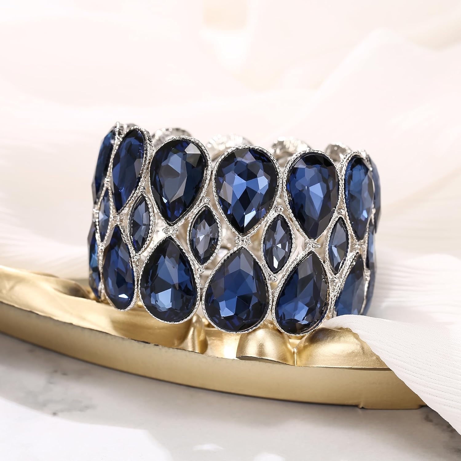 BriLove Wedding Bridal Stunning Crystal Double Row Water Drop Marquise Cluster Stretch Bangle Bracelet for Women Bride - Image 3