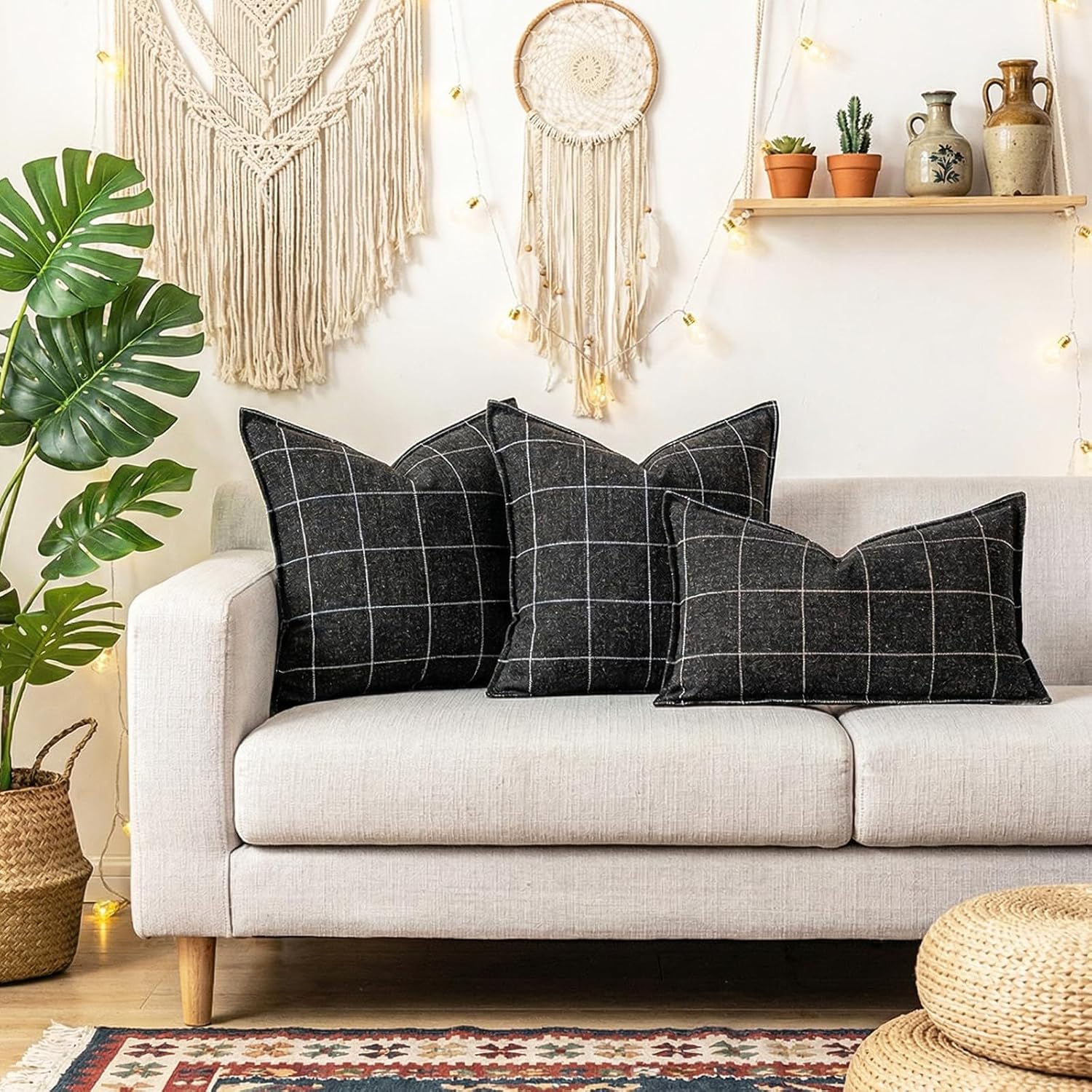 Black and White Plaid 22x22 Pillow Cover, Neutral Throw Pillow Covers 22x22 Set of 2, Modern Farmhouse Buffalo Checkered Decorative Linen Pillow Cover 22 x 22, Black Boho Living Room Decor