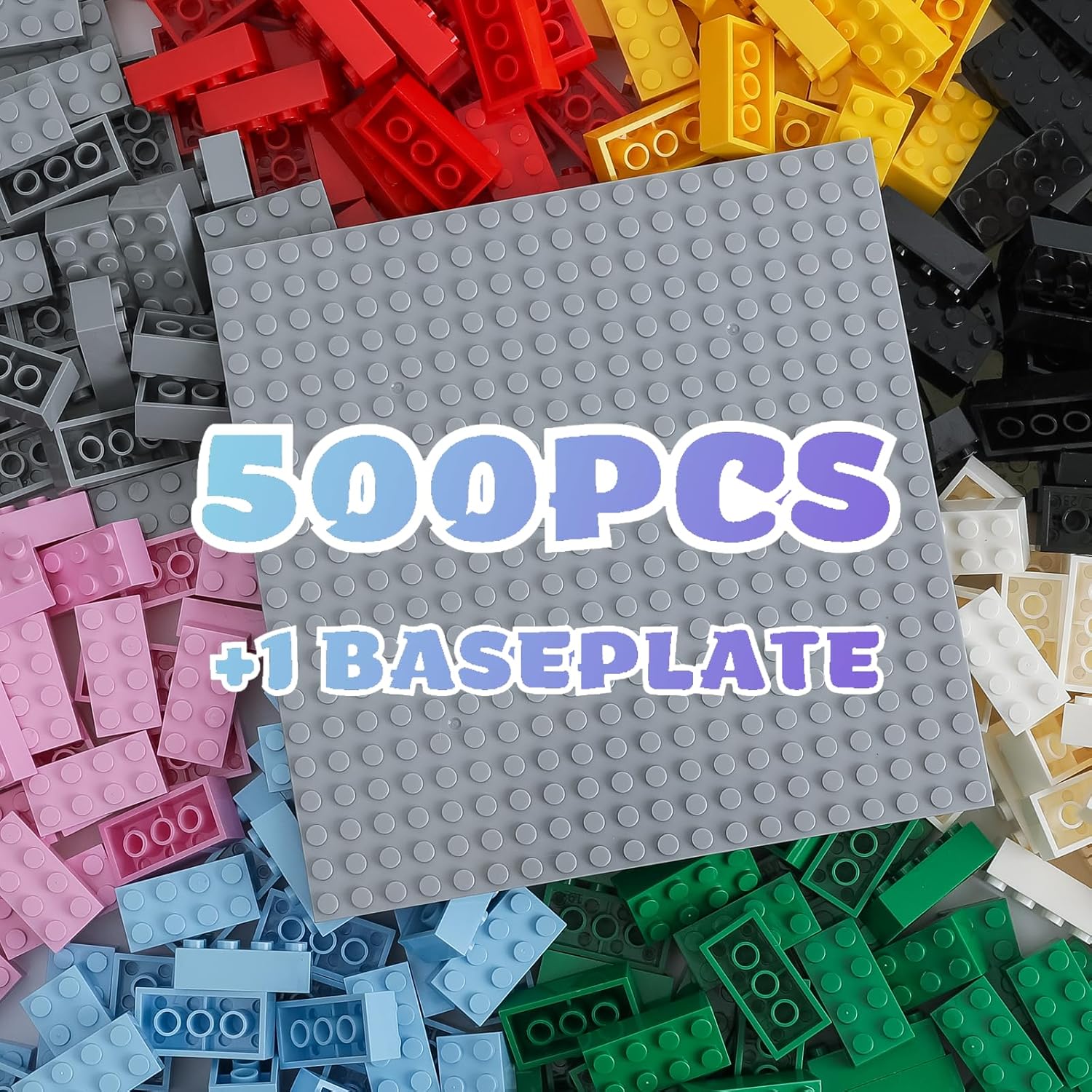 HUIZDQ 2x4 Bricks 500 Piece Classic Building Bricks and 1 Gray Baseplate, 2x4 Bricks Bulk Creative Building Toys, Blocks Bulk for Kids Ages 6+, 8 Colors