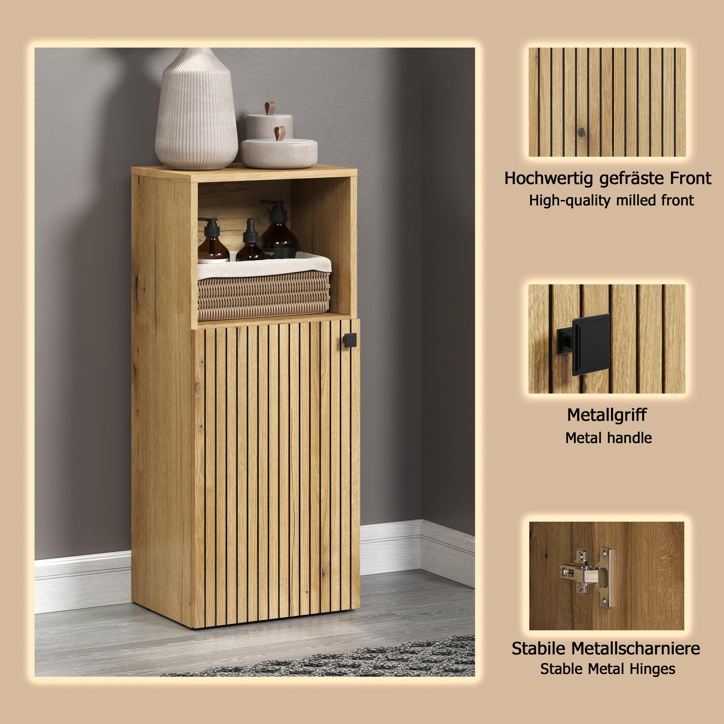 trendteam smart living - PureBliss - Kommode - Eiche - Badschrank in angesagter Rillenoptik - (BxHxT) 40 x 95 x 31 cm - schwarzer Metallgriff - 1 offenes und 2 geschlossene Fächer - kratzfest