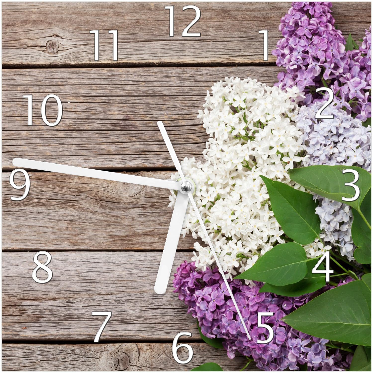 Wallario Design-Wanduhr Fliederblüten auf Holz aus Glas, Motiv-Uhr Größe 20 x 20 cm, weiße Zeiger