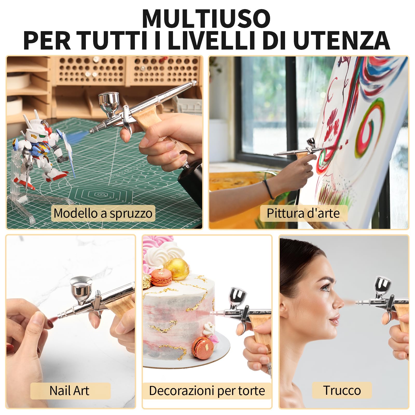 Kit aerografo, pistola a spruzzo con aghi da 0,3/0,5/0,8mm e set di ugelli, tazza di fluido sostituibile da 3/7/11cc per la pittura di modelli di unghie per il trucco del tatuagg (W001-B)