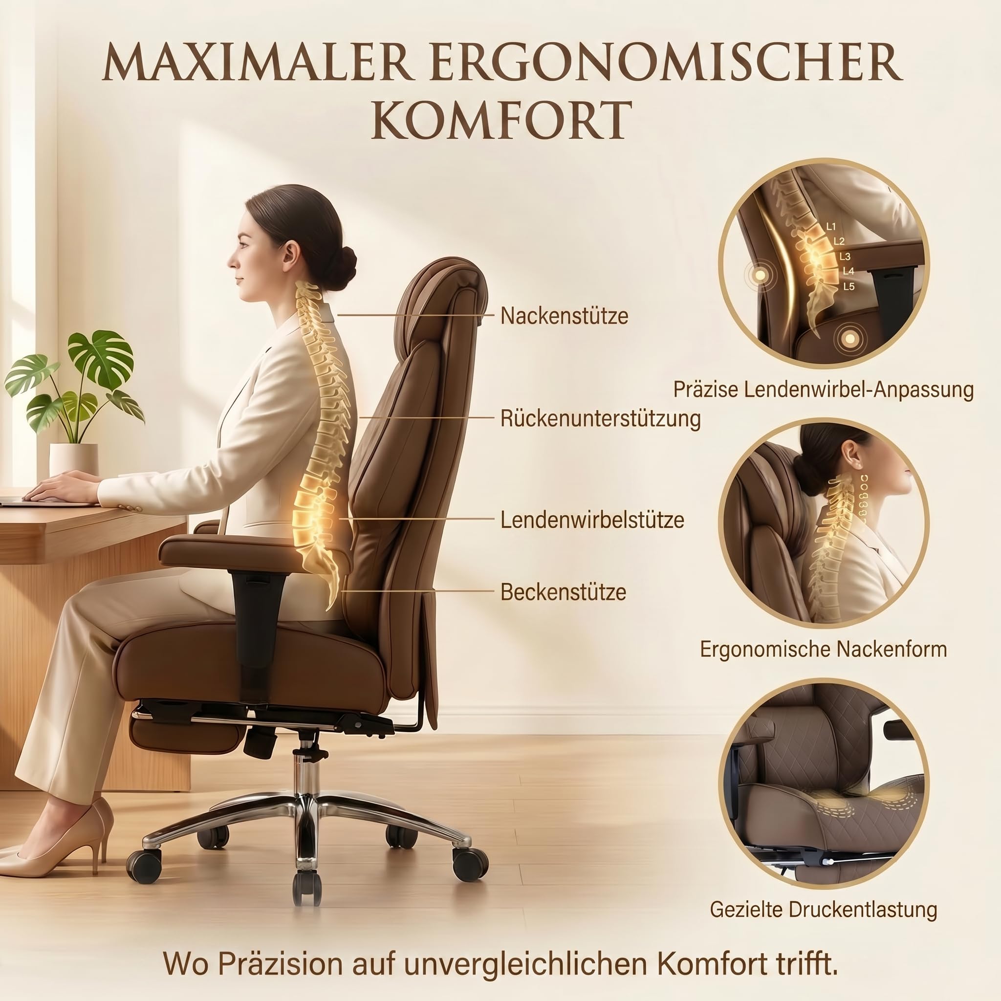 EXCEBET Silla de Oficina Dirección XXL 180kg, Silla de Escritorio Ergonómica con Muelles Ensacados, Asiento Ancho para Sentarse en Cruz, Reclinable 135°, Cuero PU（Marrón）
