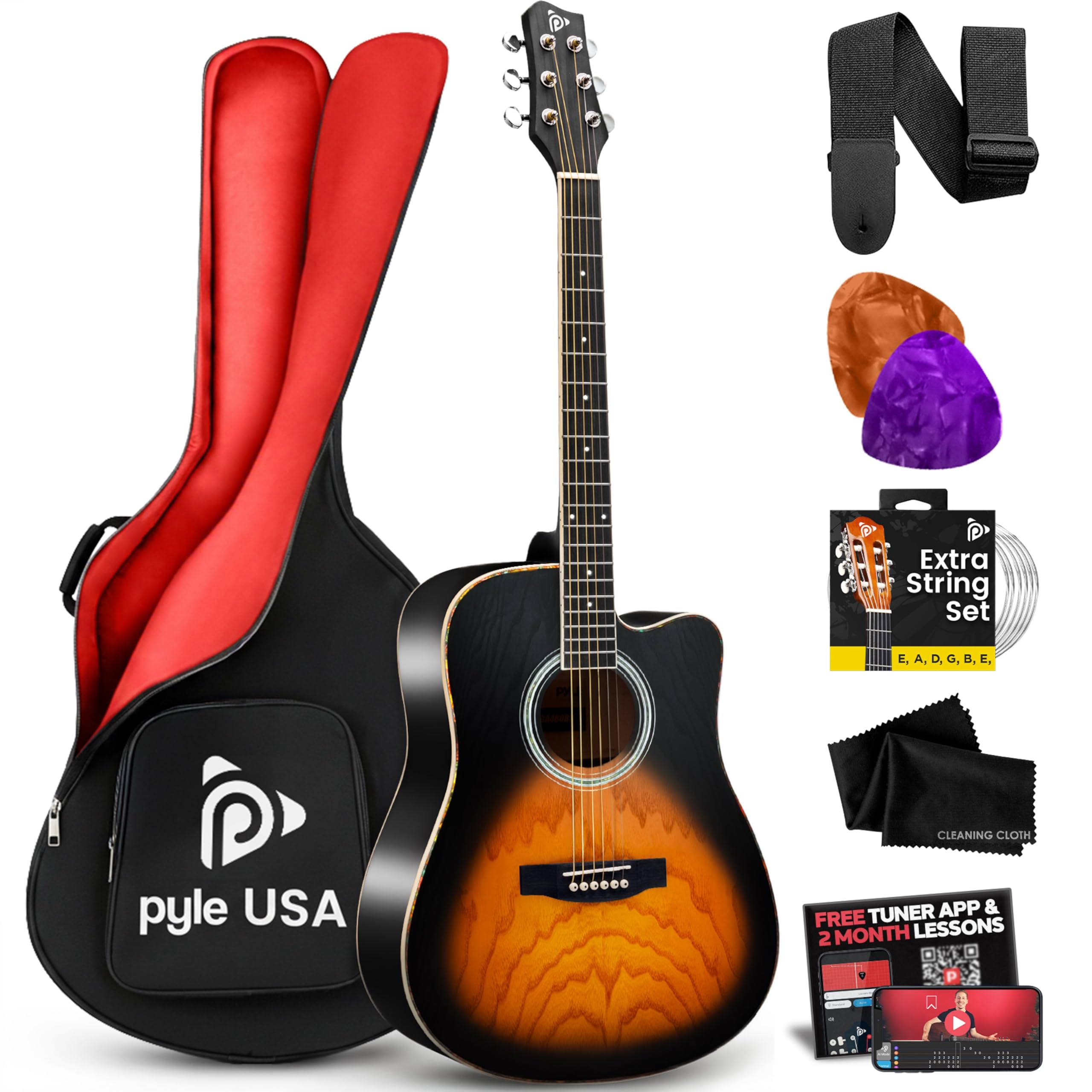 Pyle Steel String Acoustic Guitar Kit, 41" Full Size Cutaway with Ashtree Top, Open Pore Finish, Premium Accessory Set with Armored Gig Bag, Sunburst Teardrop Matte