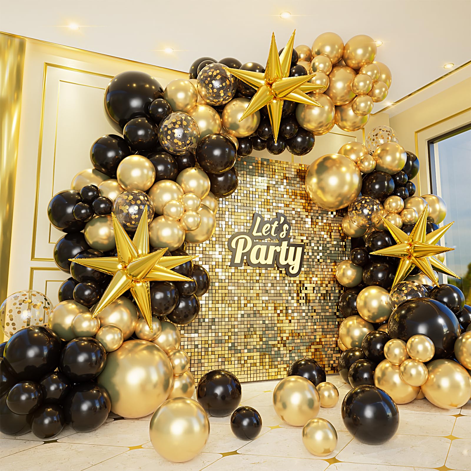 Bonropin 161pcs Black and Gold Balloons Garland Arch Kit with Explosion Star Balloons, 5/10/12/18in Black Gold Confetti Latex Balloons for Anniversary Birthday Party 2025 Graduation Decorations