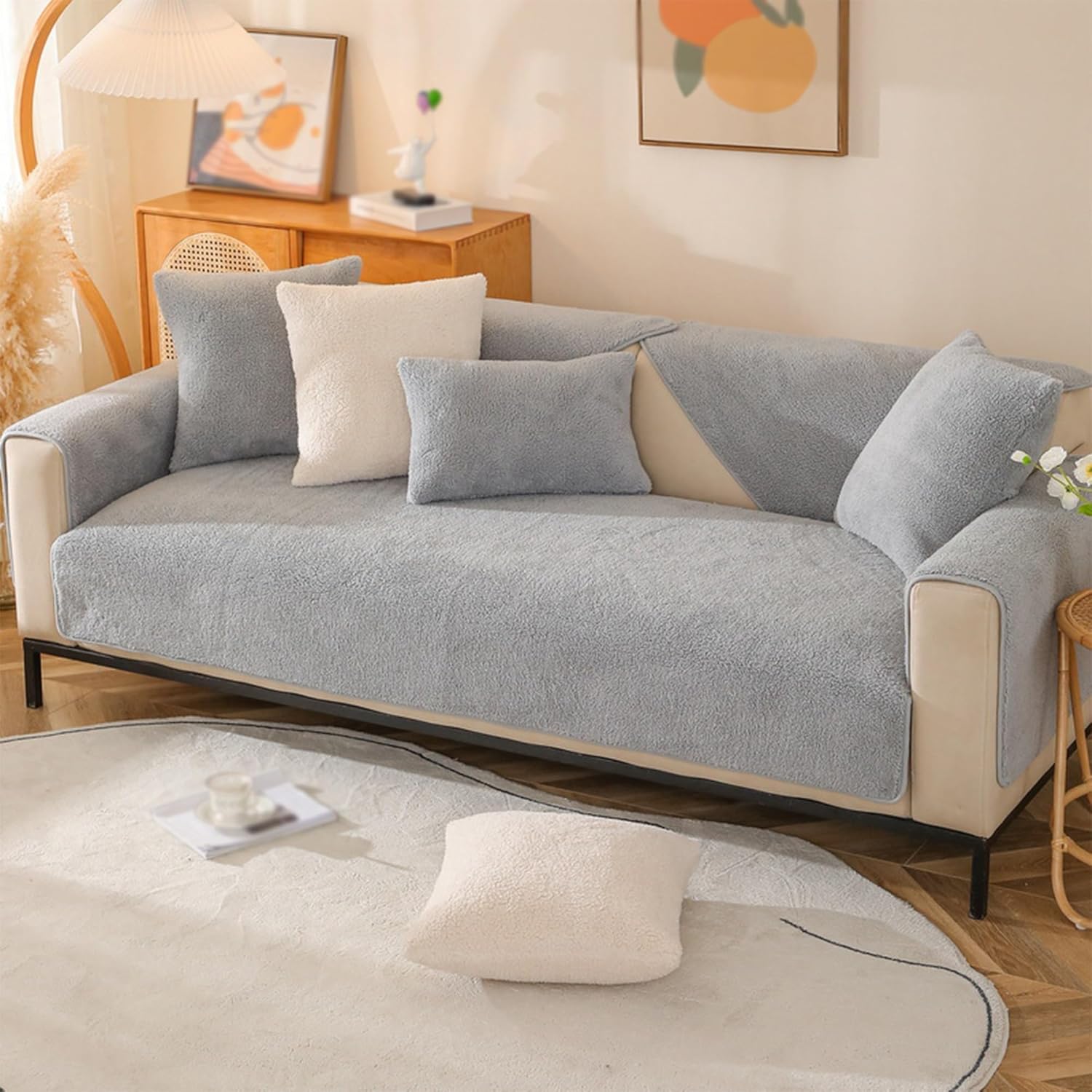 Lamb Velvet Sofa Cushion Set,Solid Color Fluffy Couch Cushion Covers, 1-Piece Non-Slip Warm Soft Cozy Couch Covers Furniture Protector. (Color : Gray, Size : 35x94in)
