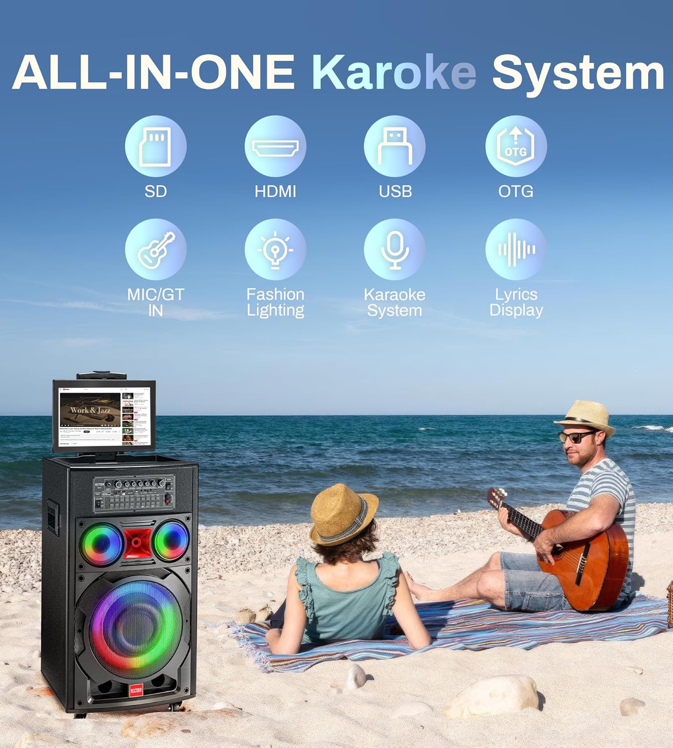 All-in-one karaoke system showing various input options like SD, HDMI, USB, OTG, Mic/GT In, Fashion Lighting, Karaoke System, and Lyrics Display.