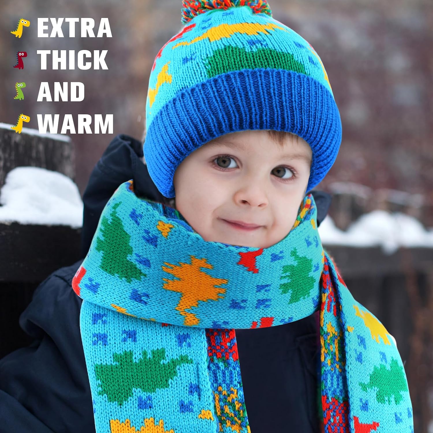 Fourluoo Kids Winter Hat Gloves Scarf Set Dinosaur Children Hat Beanie with Pom Winter Knit Neck Mittens for Boys Toddlers