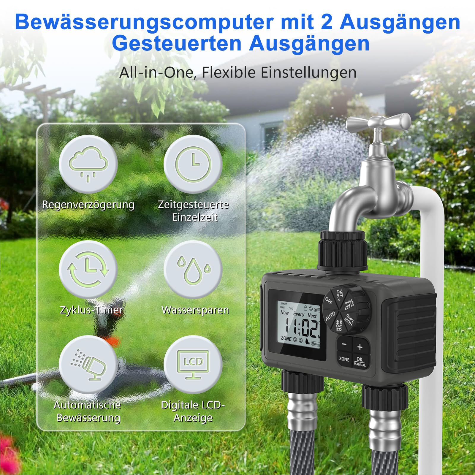 Bewässerungscomputer 2 Ausgänge, Großem LED-Display, Bewässerungs-Timer mit Regenverzögerung/manueller Übersteuerung/Wasserhahn-Timer, geeignet für Gärten, Rasenflächen und Topfpflanzen.
