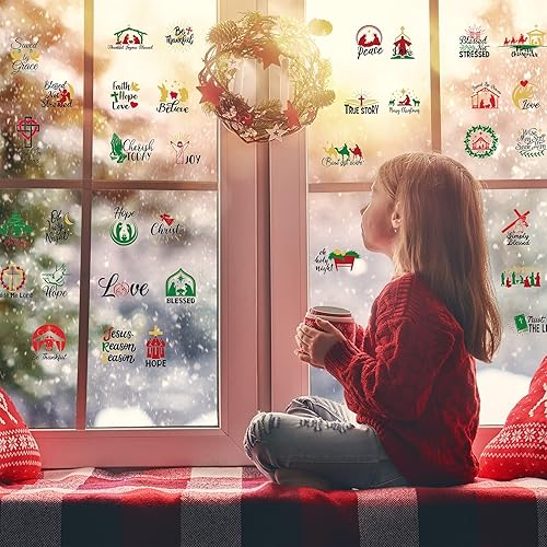 Miniatura 5 de Woanger 45 piezas de calcomanías navideñas de natividad para manualidades, calcomanías de vinilo para escena de natividad de Navidad, calcomanías de