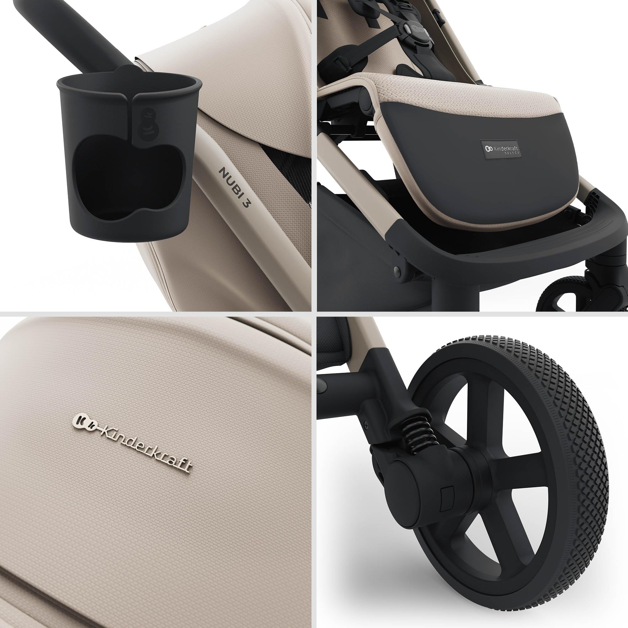 Kinderkraft NUBI 3 Poussette jusqu'à 22 kg, poussette, avec pliage automatique, capote imperméable, filtre UPF 50+, poids léger 8,7 kg, position allongée, harnais de sécurité 5 points, beige