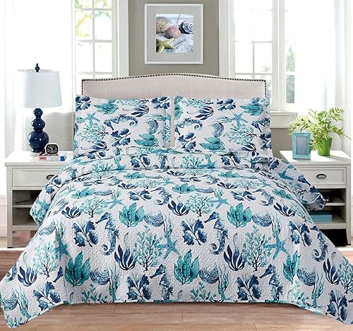 Jarson Juego de edredón costero de verano con concha, concha, concha, tamaño King, 3 piezas, colcha ligera de playa, ropa de cama reversible con 2