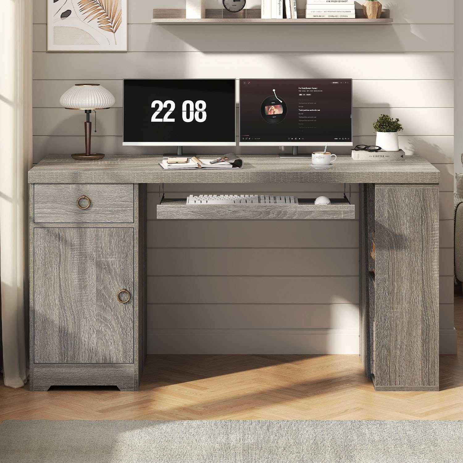 HSH 55" Office Computer Desk with Drawers, Farmhouse Grey Executive Desk with Storage Shelves and Cabinet, Modern Wooden Computer Table Teacher Desks with Keyboard Tray for Home Writing Work Study