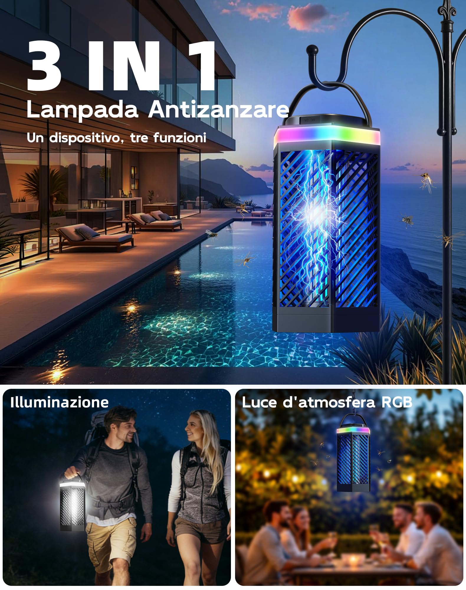 Lampada Antizanzare Elettrica Ricaricabile 8000mAh, Ammazza Zanzare 3 in 1 con Luce LED e RGB, 2000V Trappola per Insetti da Esterno e Interno, IPX4 Impermeabile per Casa, Camping