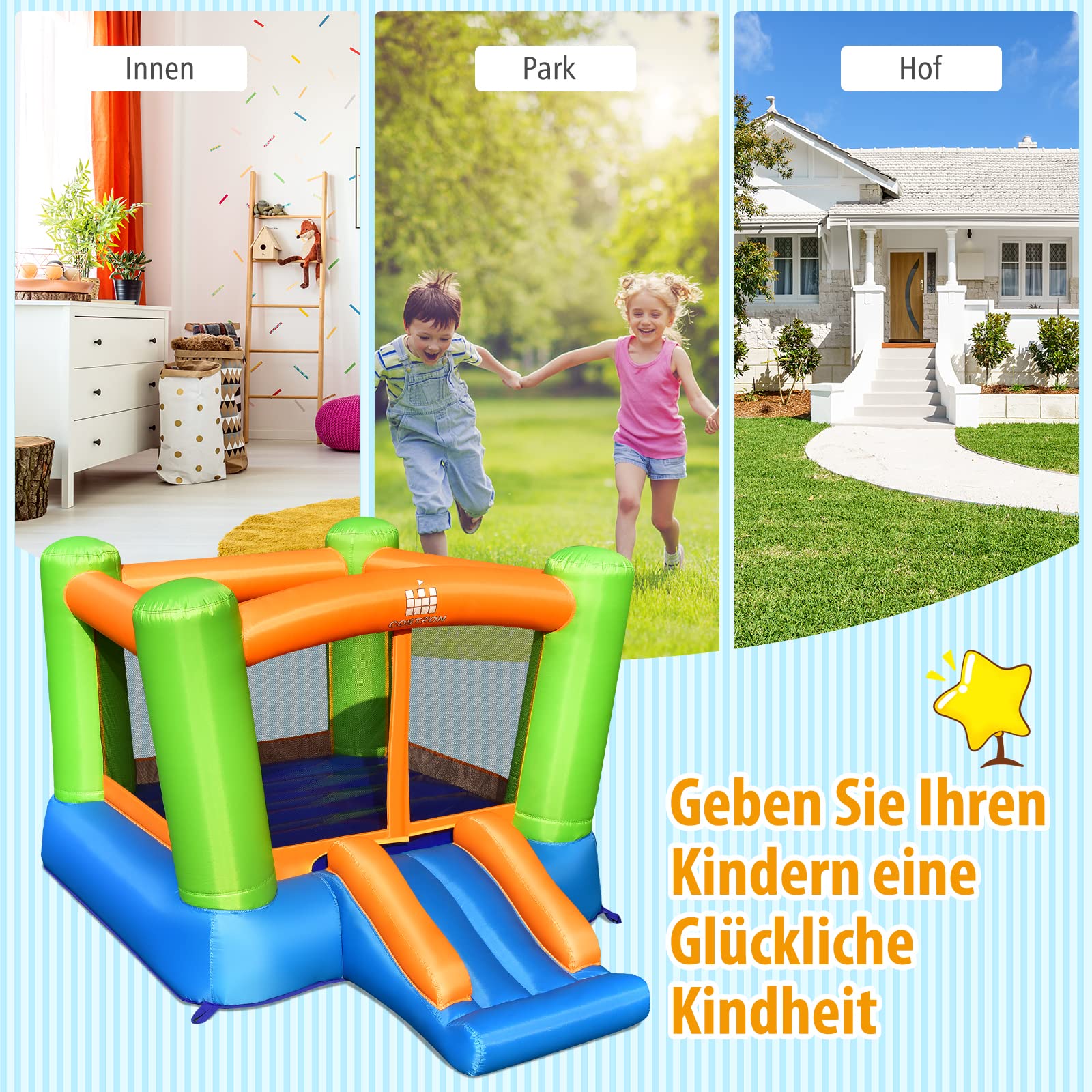 COSTWAY Hüpfburg für 2 bis 3 Kinder, kleine Springburg mit großem Sprungbereich und Rutsche, inkl. Tragetasche, Reparaturset, Heringen, 250 x 197 x 143 cm