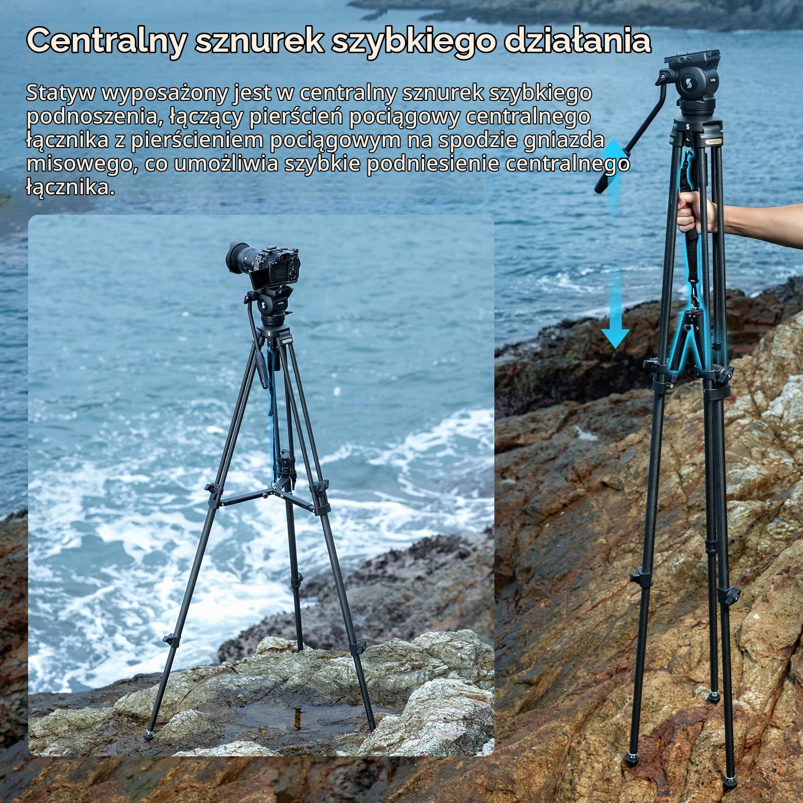 SMALLRIG Lightweight Carbon Fiber Video Tripod Kit with Step-Less Damping Fluid Head, 64" Statyw do Aparatu z Odłączanym Uchwytem, ​​Płytka QR, Lina do Podnoszenia,Obciążenie 13,2 Funta do Kamery 4685