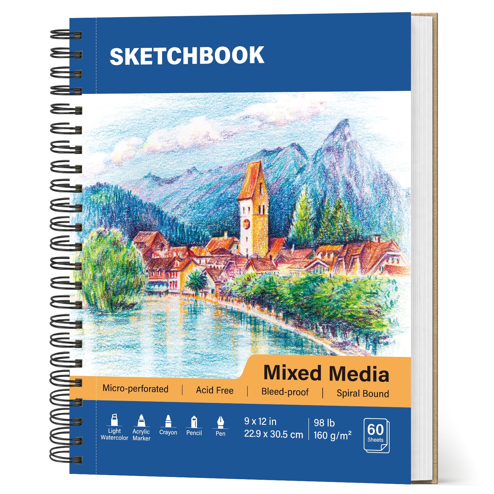 Mixed Media Sketchbook 9" x 12", A4 Tear-Out Pages, 60 Sheets,160gsm Blue