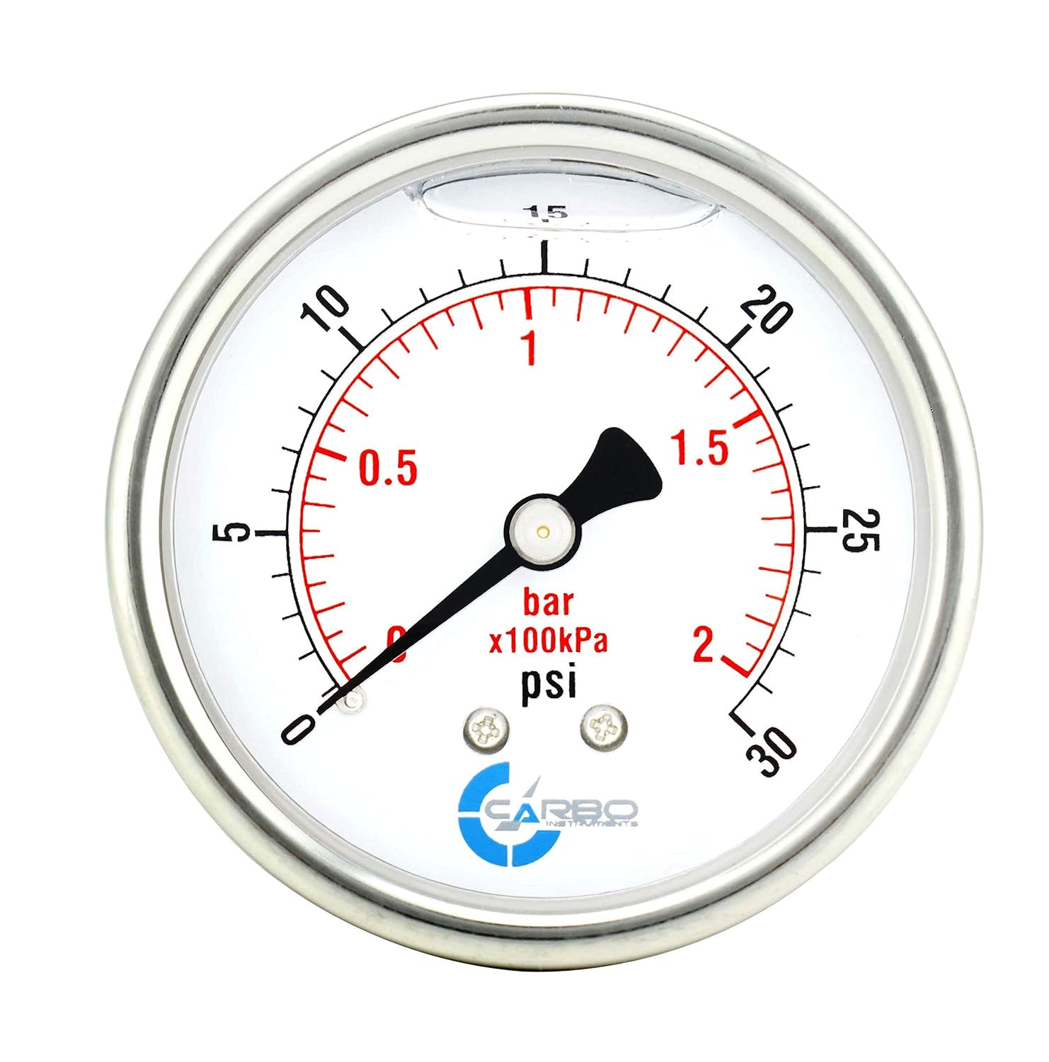 2 Pressure Gauge, Stainless Steel Case, Chrome Plated Brass Connection, Liquid Filled, 0-30 psi/kPa, Back Mount 1/4 NPT