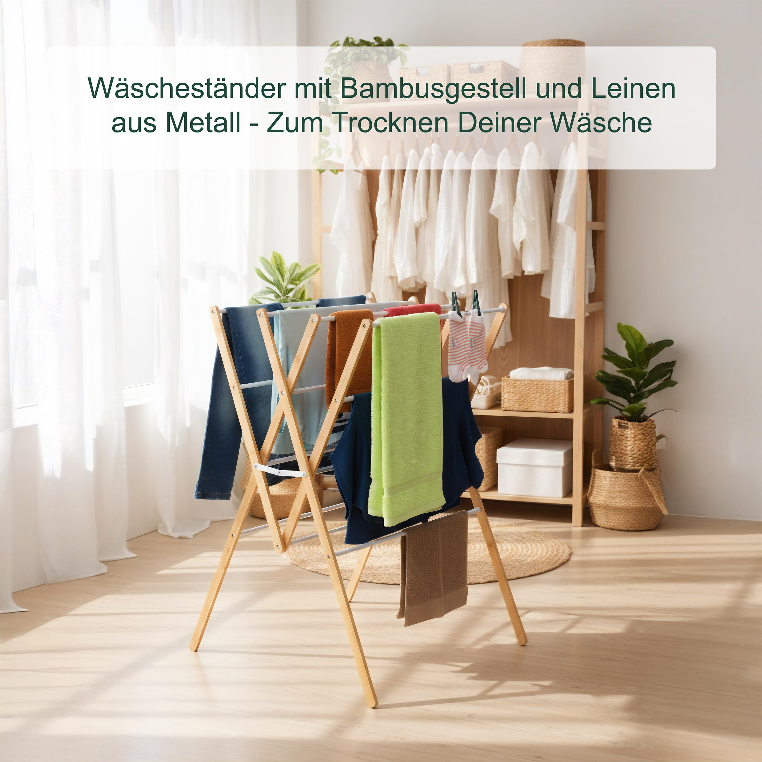 Relaxdays Wäscheständer, klappbar, 12 Stangen, HxBxT: 93 x 70 x 62 cm, Bambus, Metall, Turmwäscheständer, Natur/weiß
