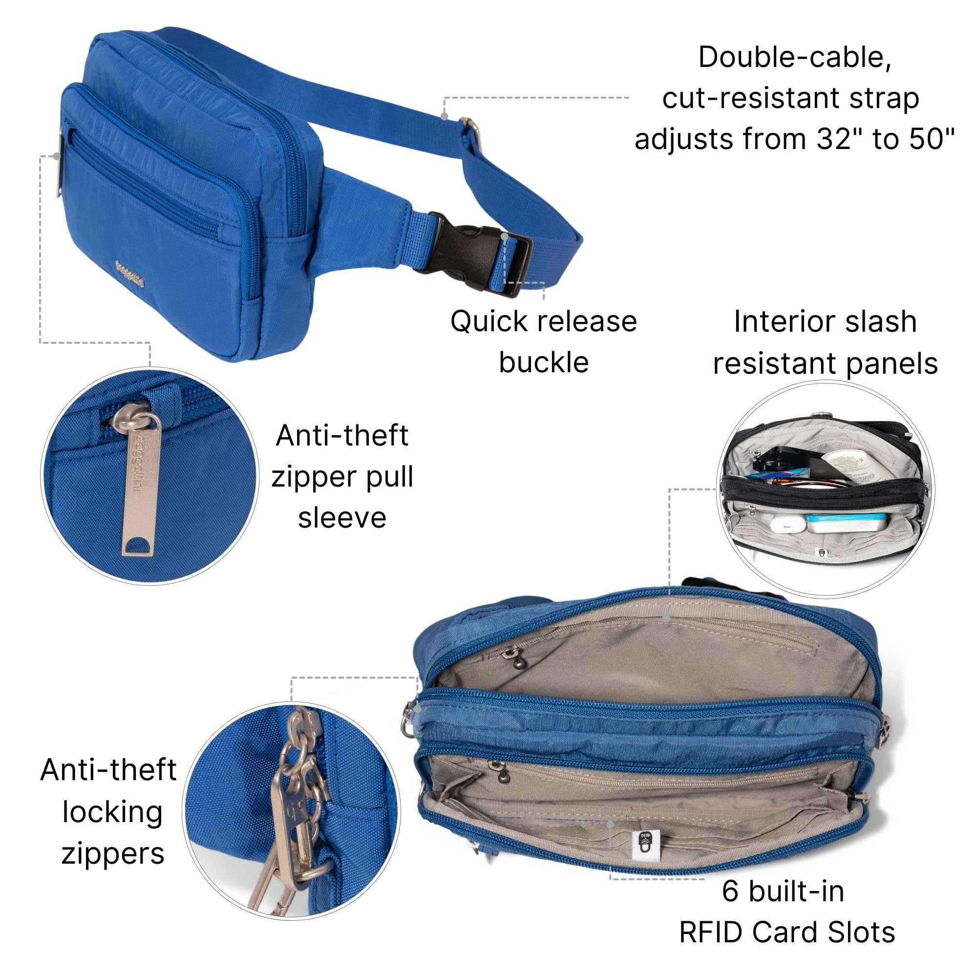 Baggallini Securtex Antykradzieżowa nerka dla kobiet z ochroną RFID, zamek z blokadą, torebka podróżna na ramię, przez ramię, One Size