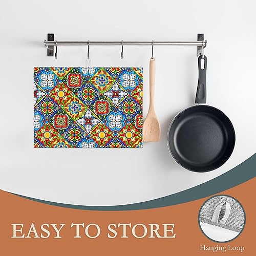 Miniatura 3 de UIUPRO Tapete de secado de platos de azulejos mexicanos, tapete de secado bohemio de estilo bohemio, tapete de microfibra ultra absorbente para