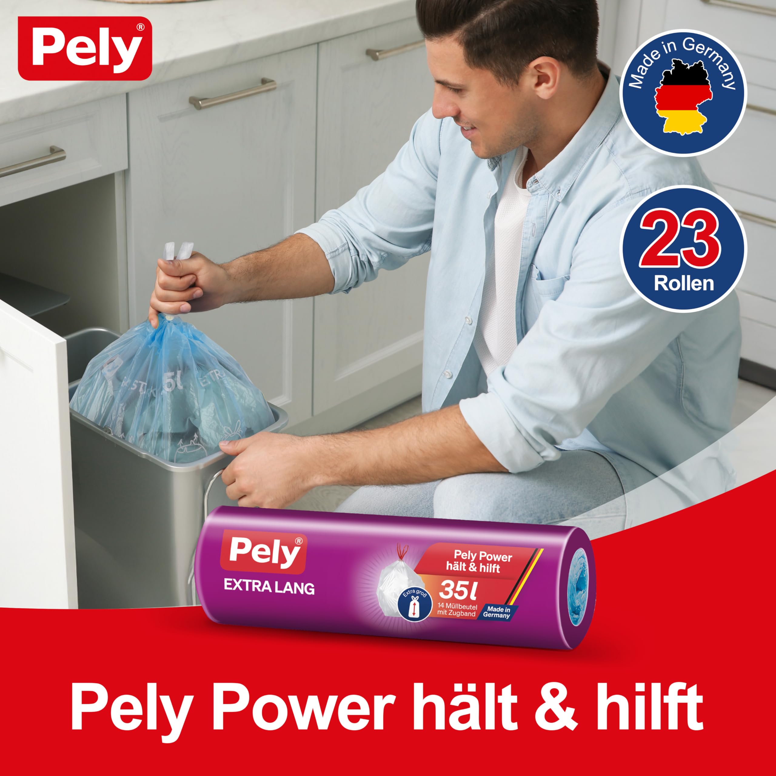 Pely® Zugband Müllbeutel 35 Liter extra lang, XXL Vorteilspack 23 x 14 Stück im Karton, für die Entsorgung von Restmüll