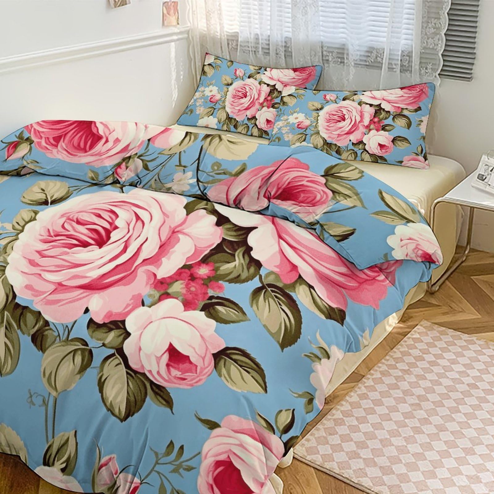 Housse de couette bleu rose vintage pour grand lit 228x228 cm ambiance chambre cocooning