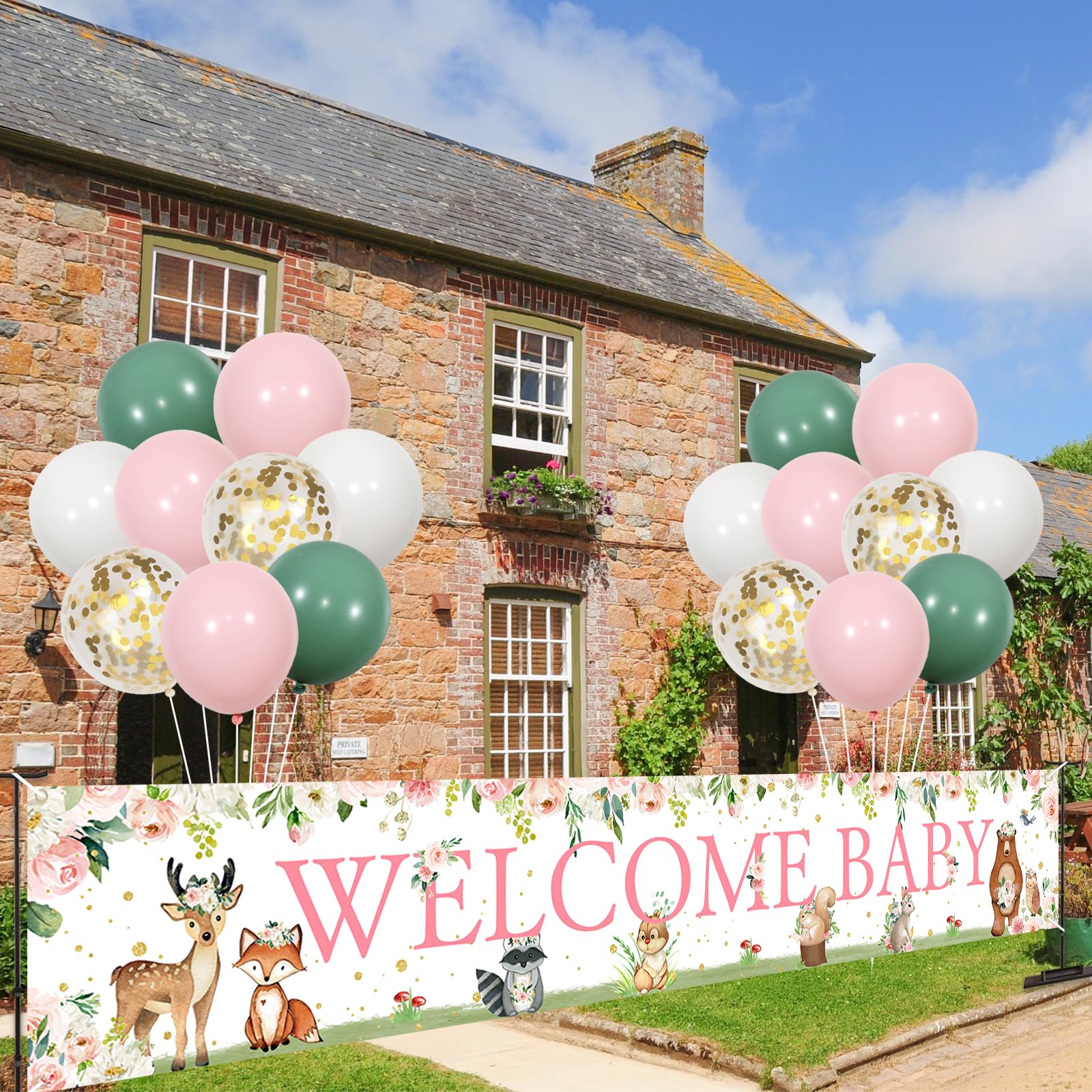 JOYMEMO Woodland Baby Shower Porch Sign Banner - Pink "Welcome" & "It's A Girl" Banner With Forest Animals - View #4