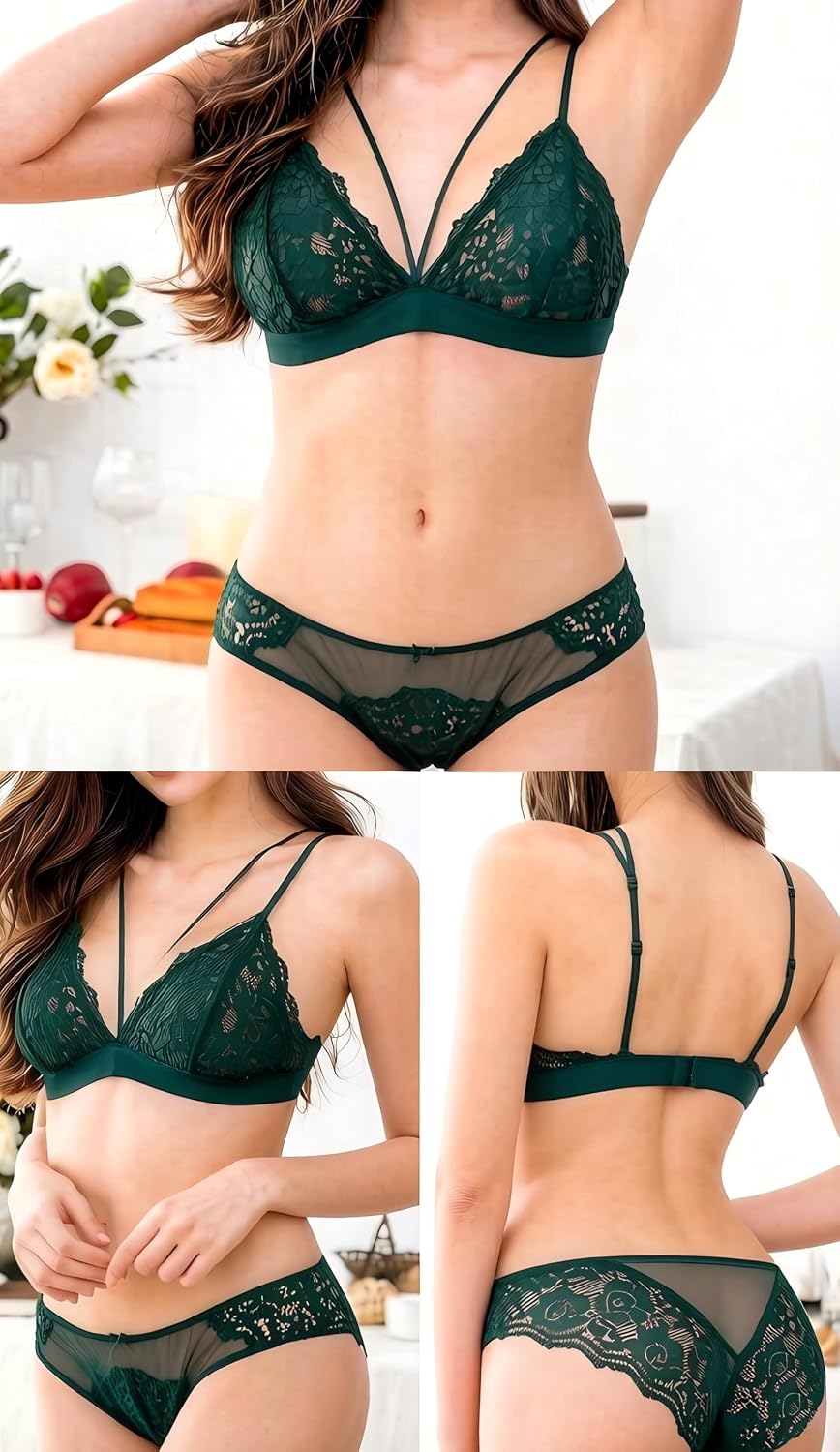 Womens Unlined Underwire Bra and Lace Panty set Lace Triangle Lingerie Set