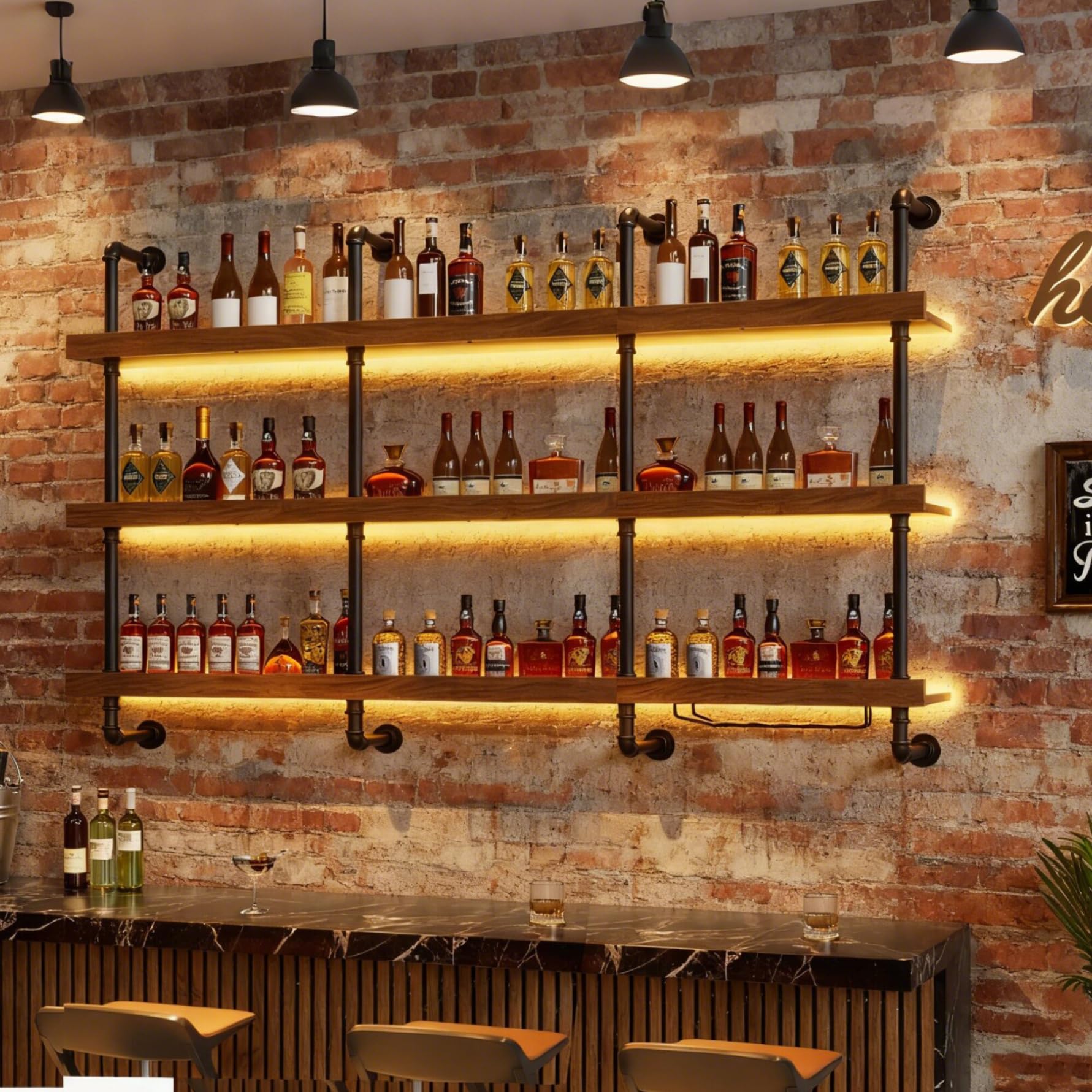 Botellero de Pared Industrial, 2 cm de Grosor Estantes demadera Maciza Botellero Vino Luz LED, Soporte Flotante para exhibición de Vino, para Cocina, Bar, Cafetería y decoración (180cm)
