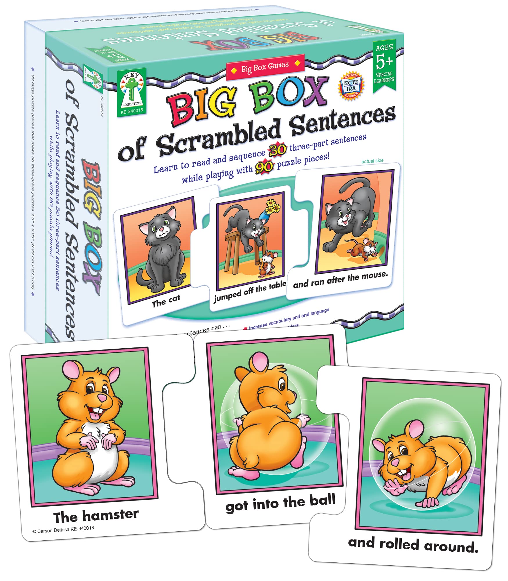 Key Education Big Box of Scrambled Sentences Puzzle Game Set, Educational Game for Sentence-Building and Reading Practice With Word and Photo Puzzle Pieces, Special Learners Ages 5+ (90 pc), 3.5" x 3.5"