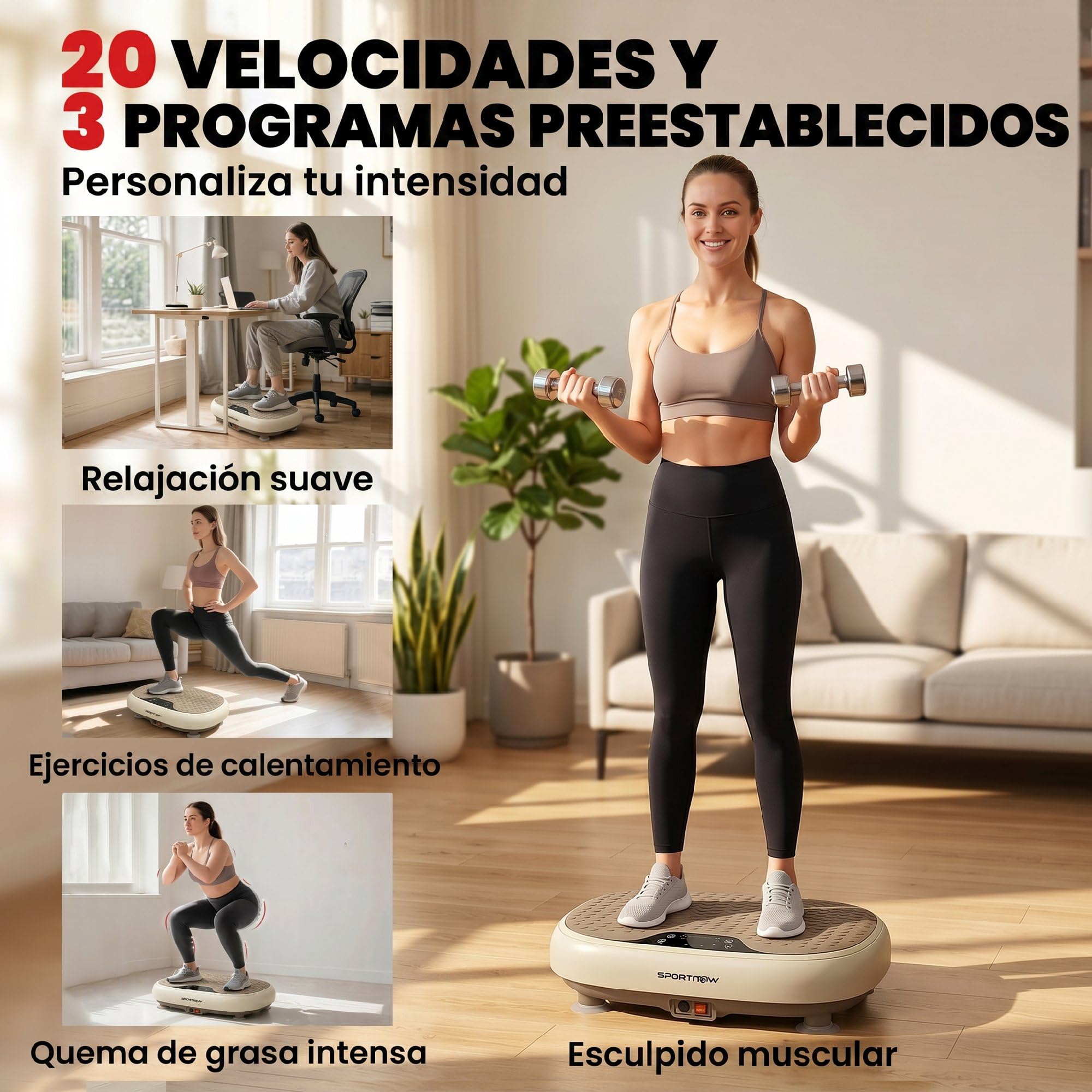 SPORTNOW Plataforma Vibratoria, 20 Velocidades, 3 Programas, Plataforma Vibración Muscular 150W con Pantalla LED, Mando a Distancia, Máquina para Hacer Ejercicio en Casa, Adelgazar, Drenaje Linfático