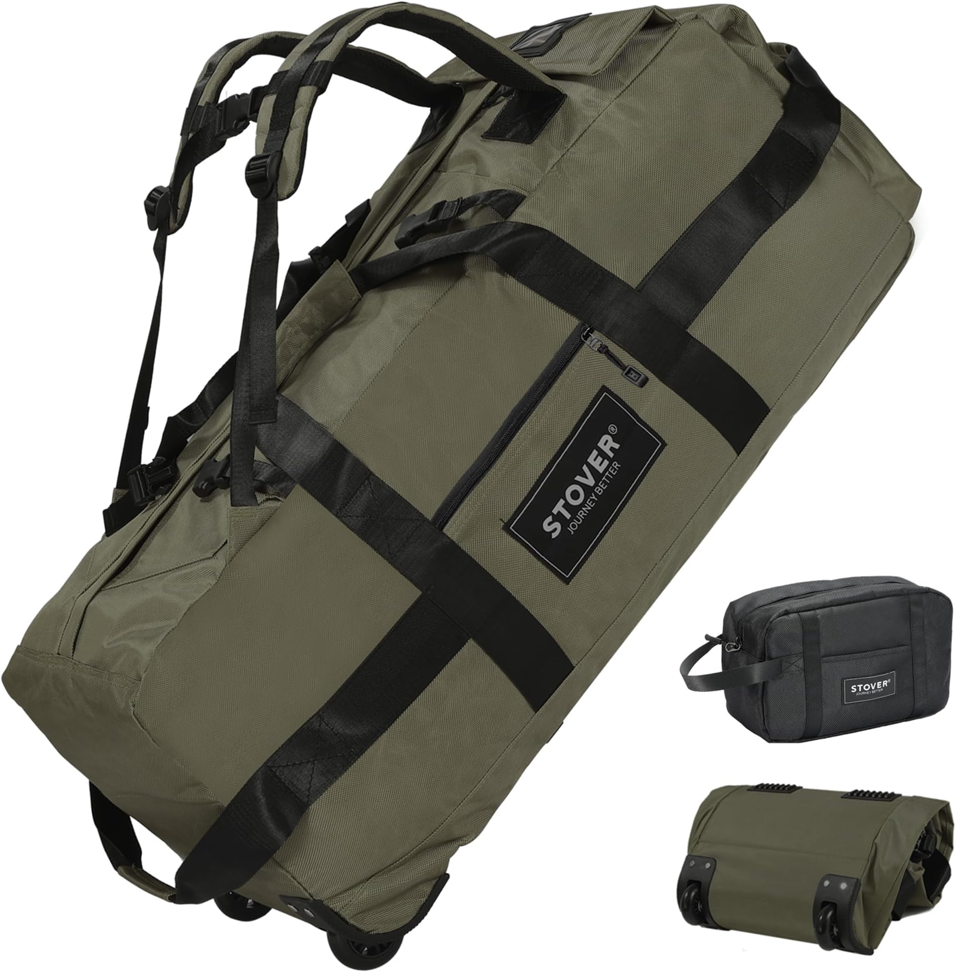 STOVER Rolling Duffel Bag with Wheels, Large Travel Duffle Bag, Collapsible with Backpack Shoulder Straps for Men Women, Green, 80L
