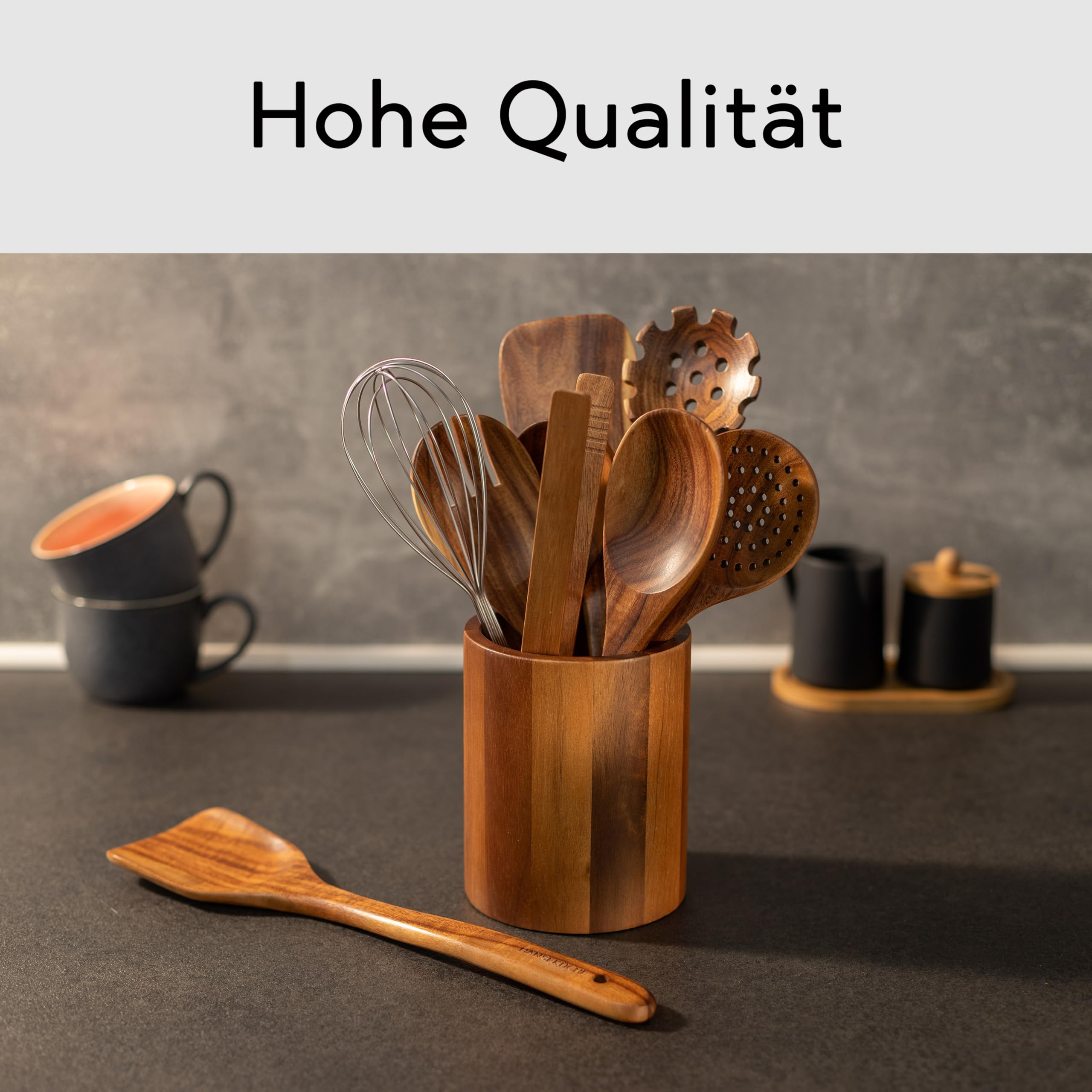 Hanseküche Küchenhelfer Set aus Holz - Grillzange, Schneebesen, Pfannenwender, Holzlöffel und Nudelschöpfer 9 teilig Löffel Teakholz (9er Set)